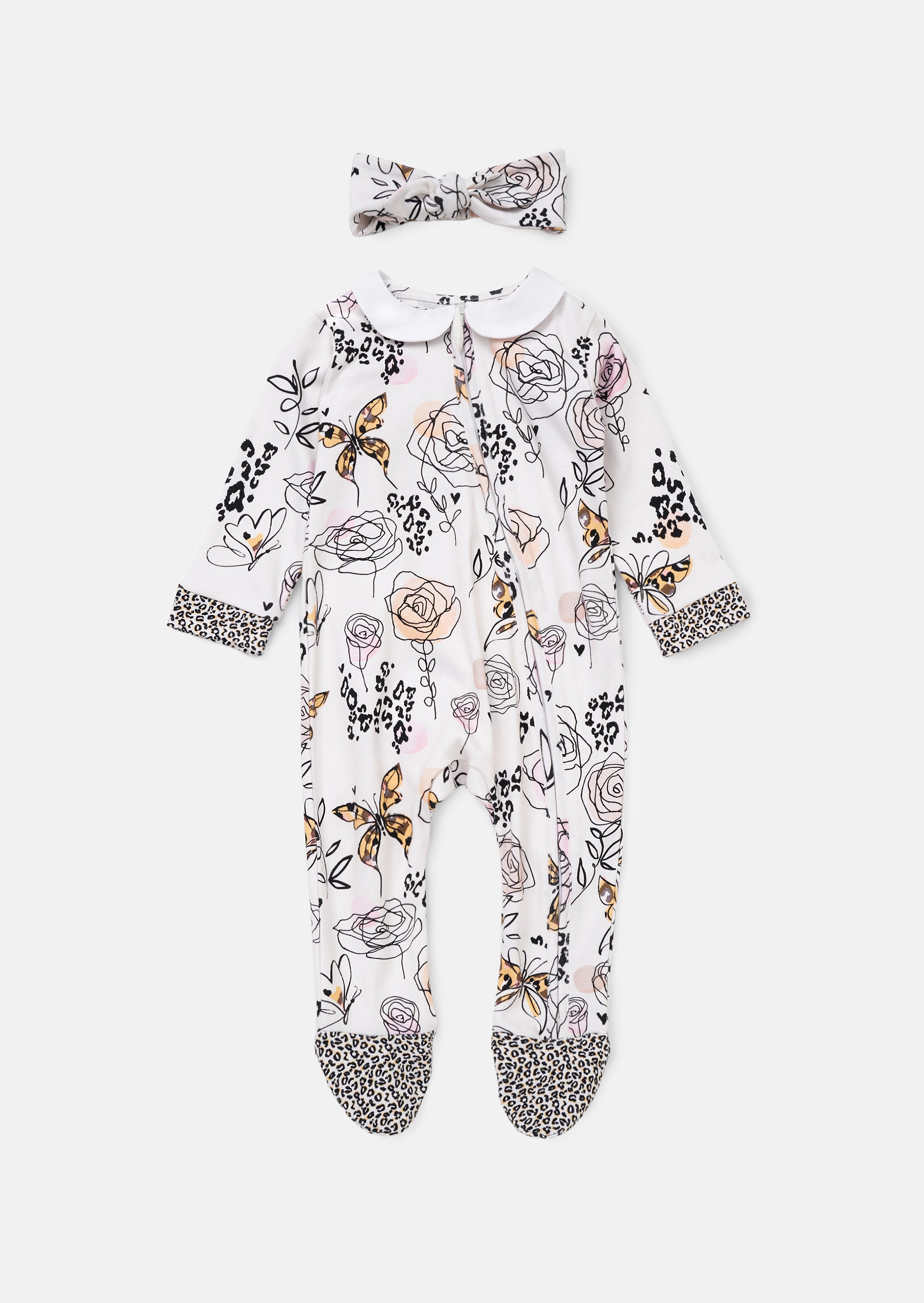 Lyra Ecru Butterfly Print Babygrow and Headband