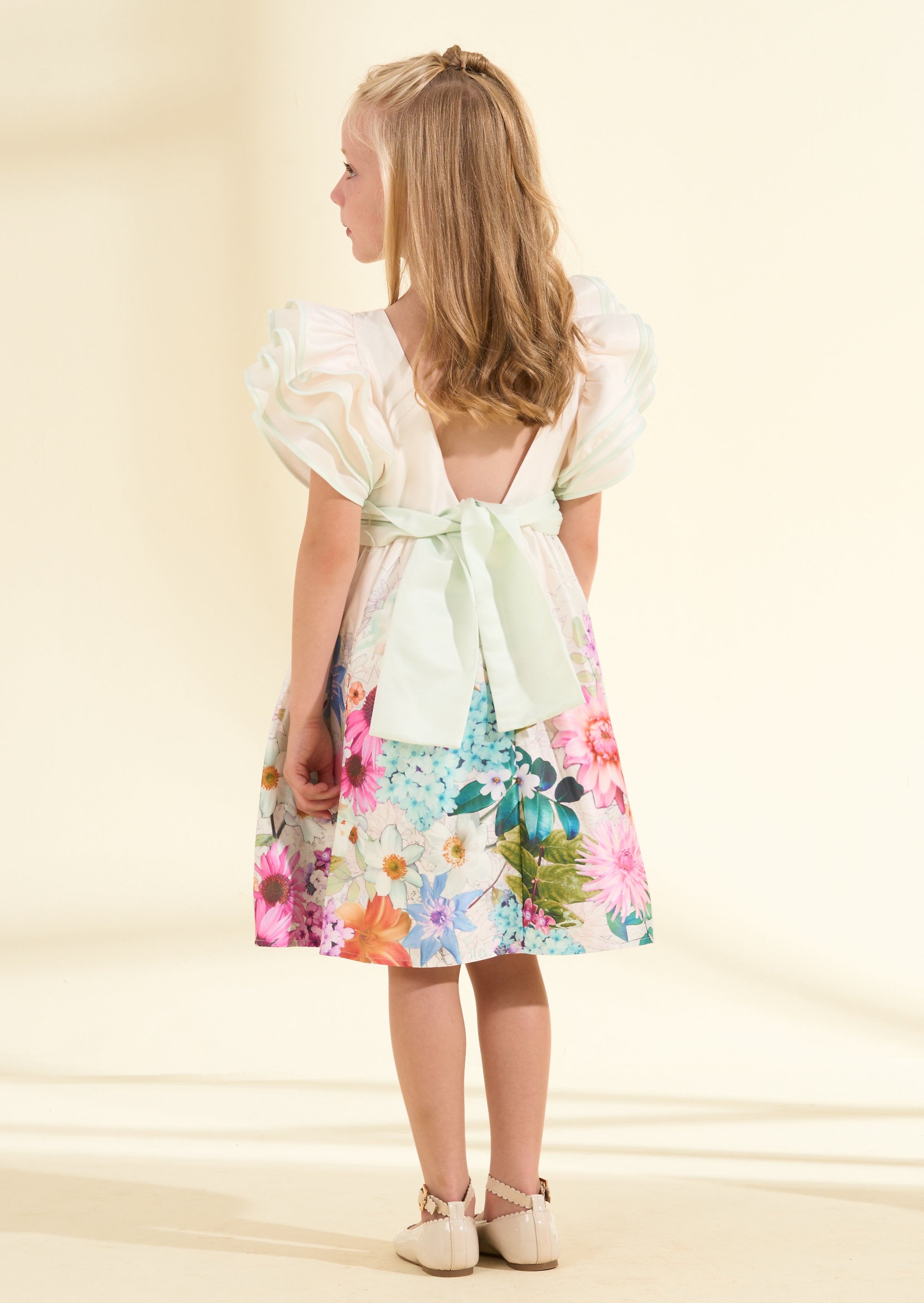 Emillie Ivory Print Border Tie Sash Dress