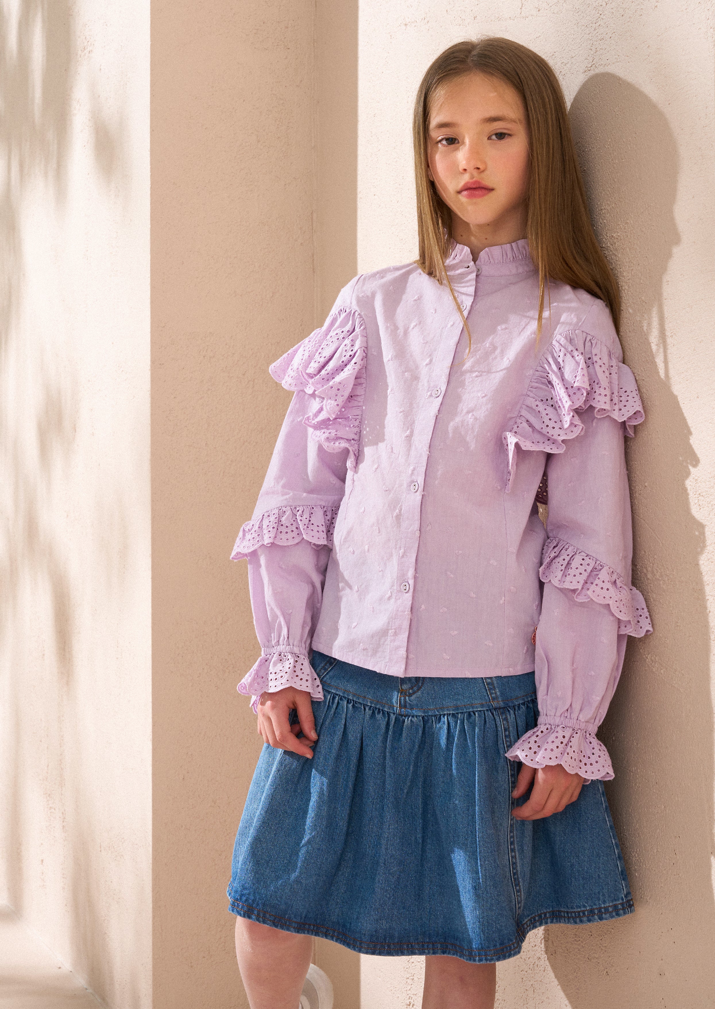 Lea Purple Broderie Frill Woven Top