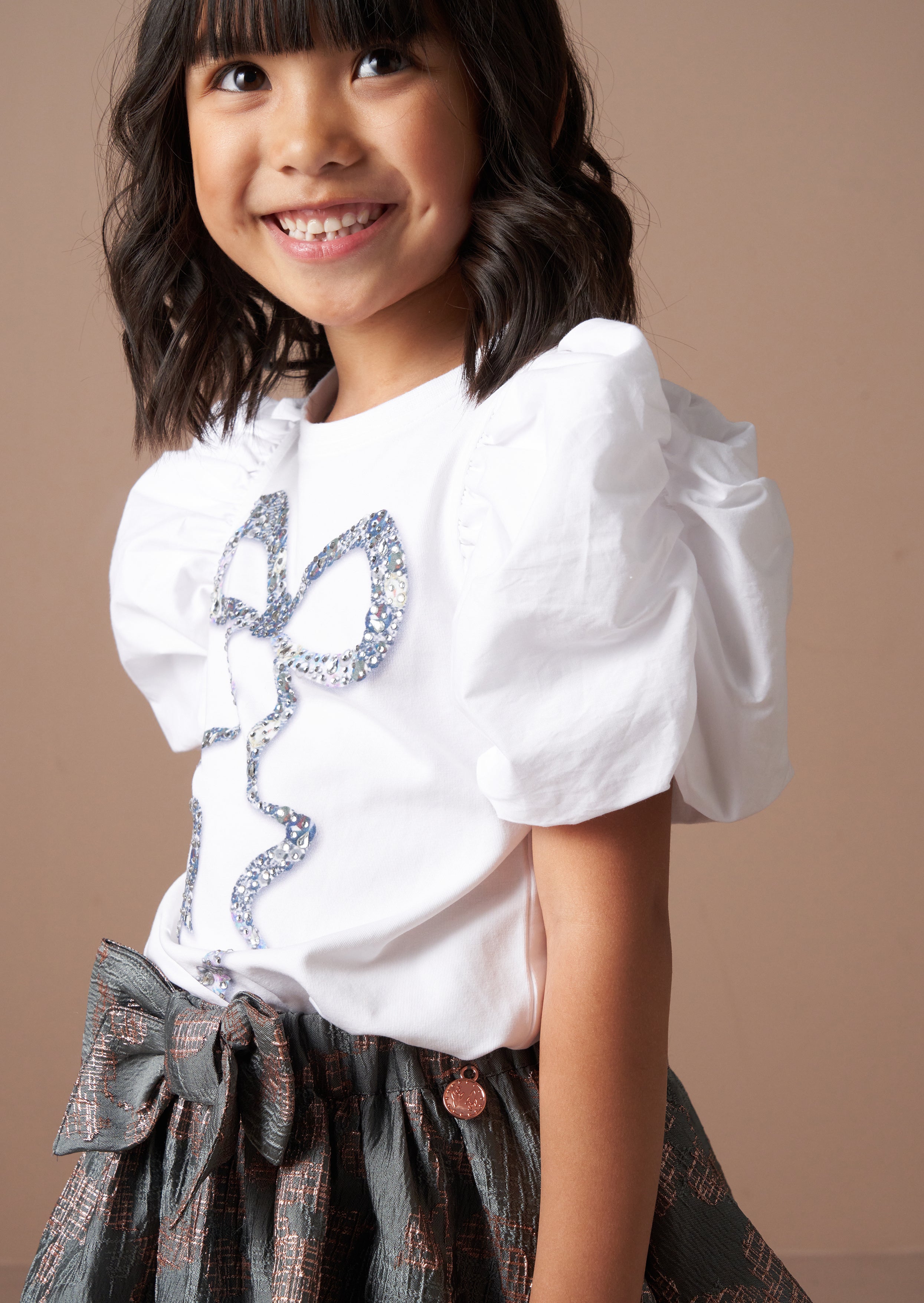 Aofie White Diamante Bow T Shirt