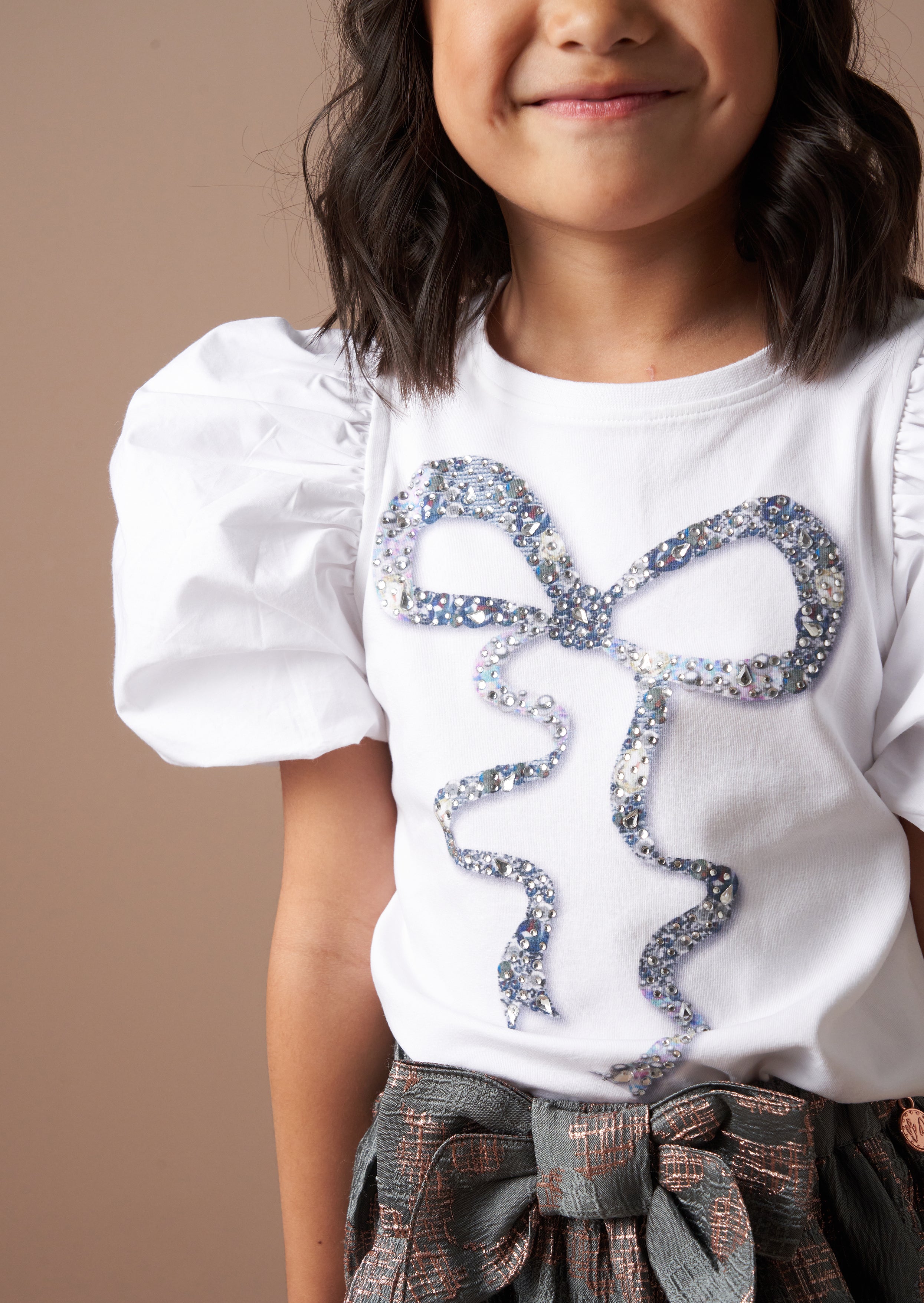 Aofie White Diamante Bow T Shirt