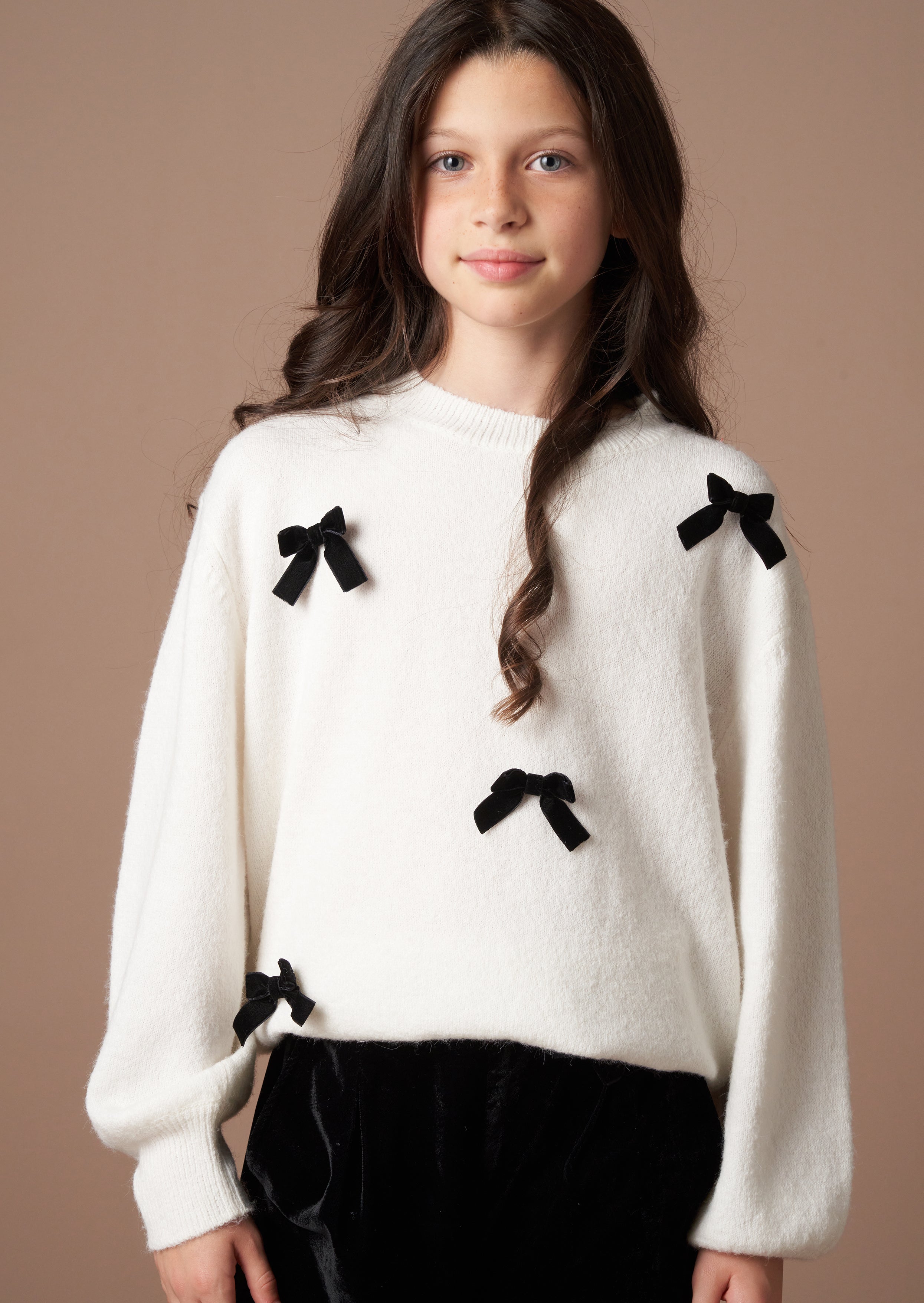 Mia Ivory Velvet Bow Fluffy Jumper