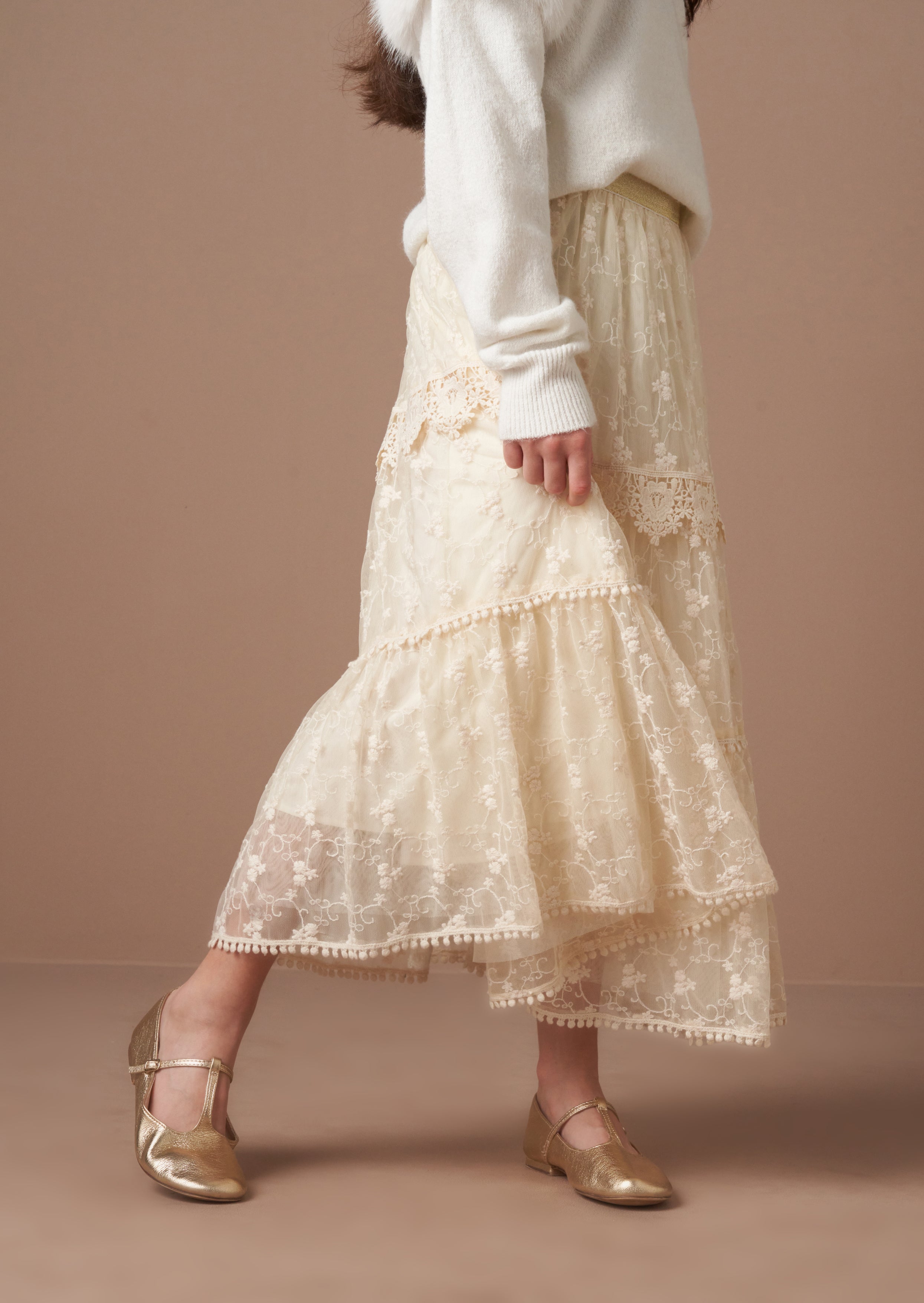 Anya Ivory Lace Mesh Midi Skirt