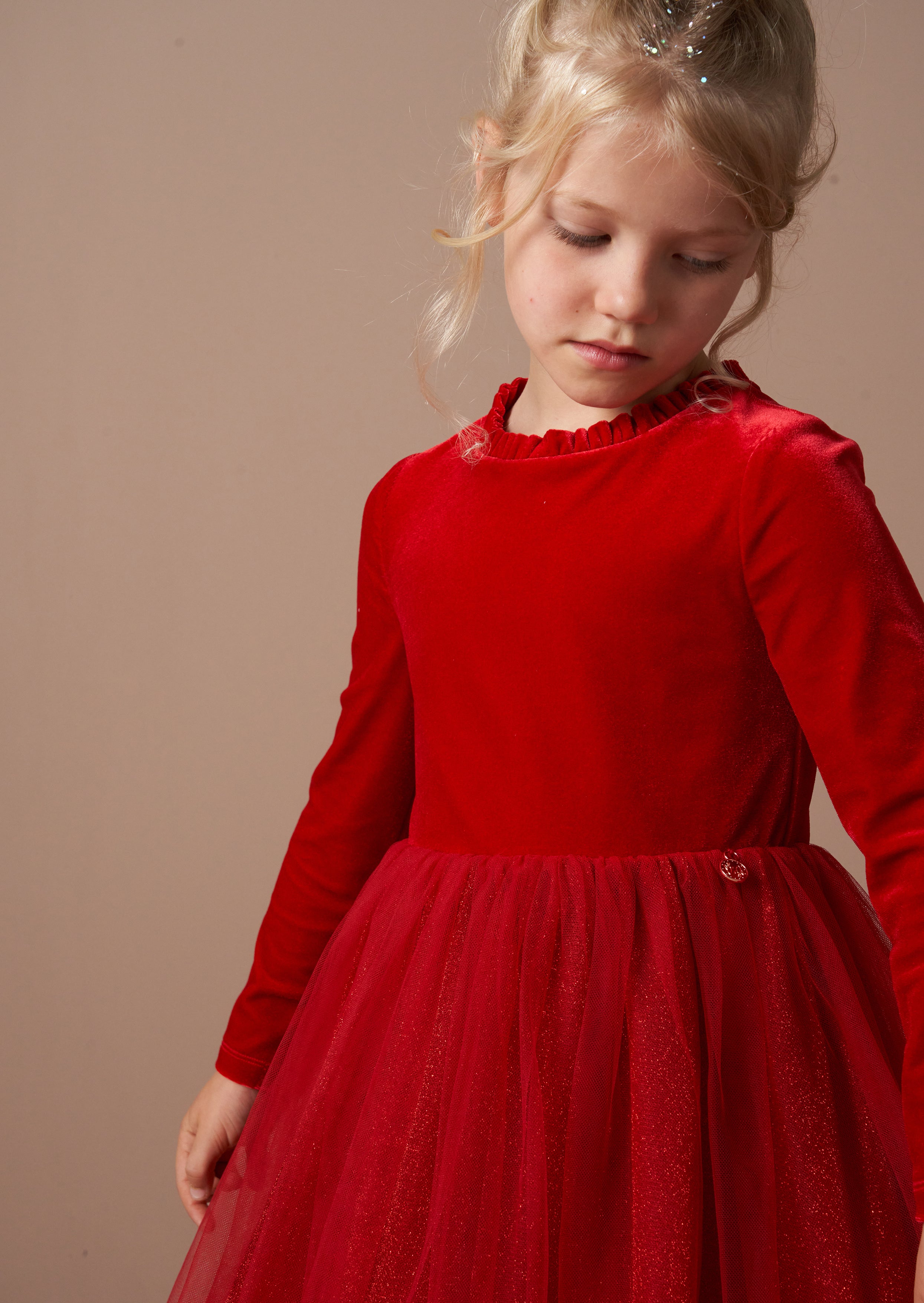 Elsie Red Velvet Tuelle Dress