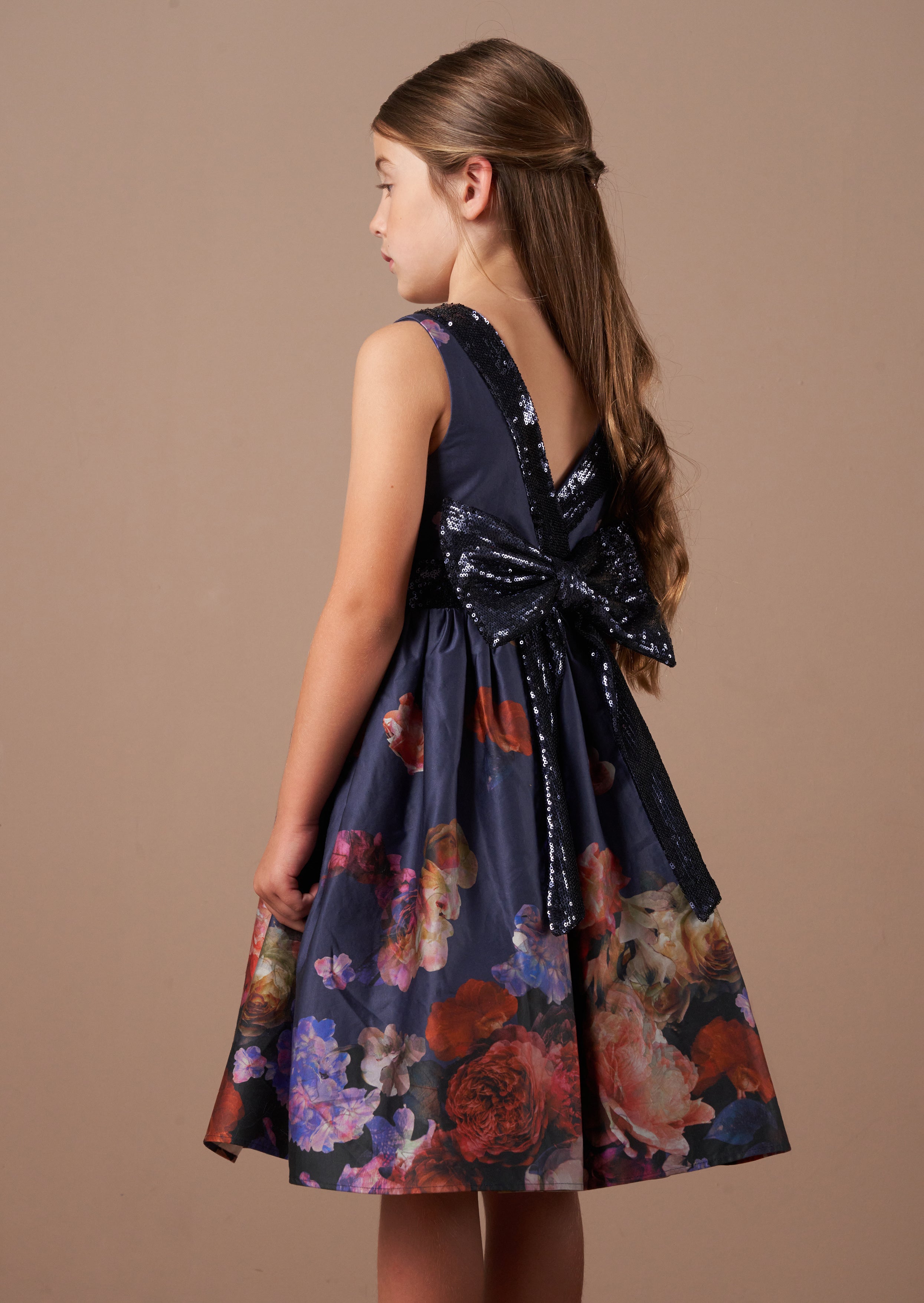 Claudia Blue Border Print Sequin Bow Dress