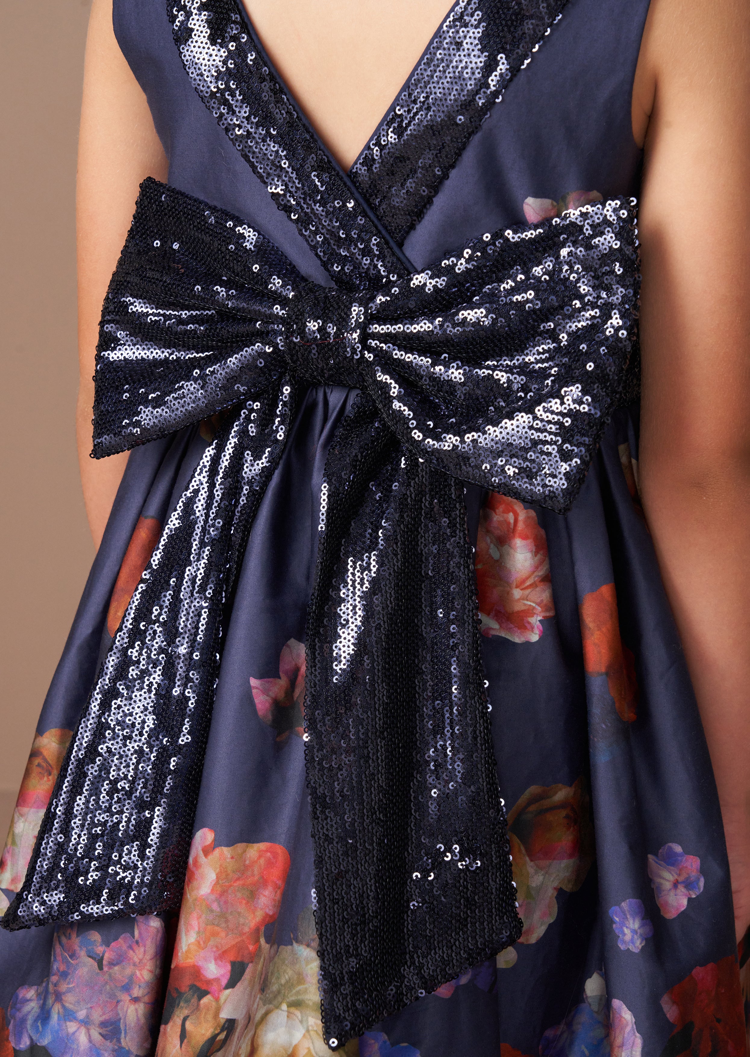 Claudia Blue Border Print Sequin Bow Dress