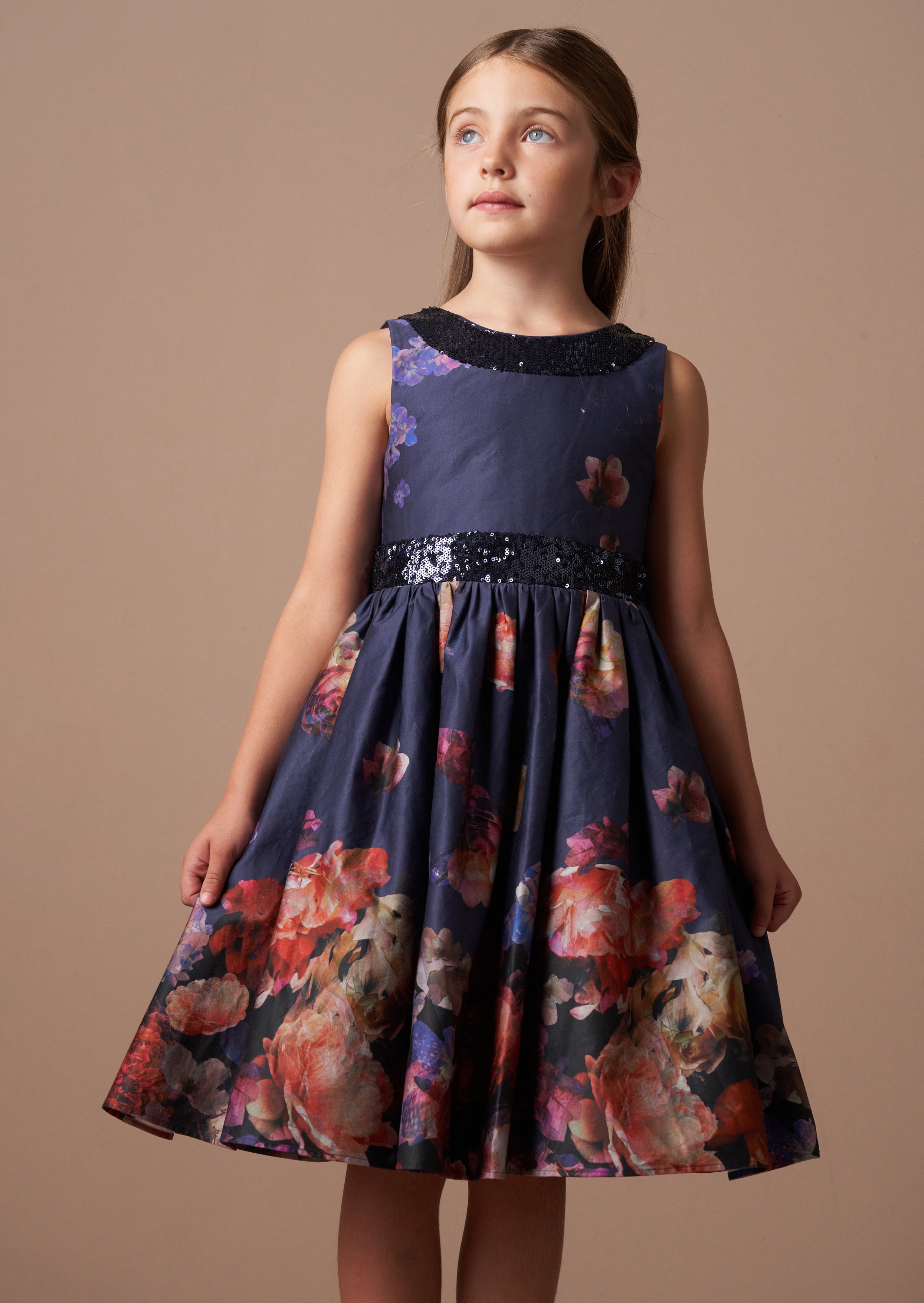 Claudia Blue Border Print Sequin Bow Dress