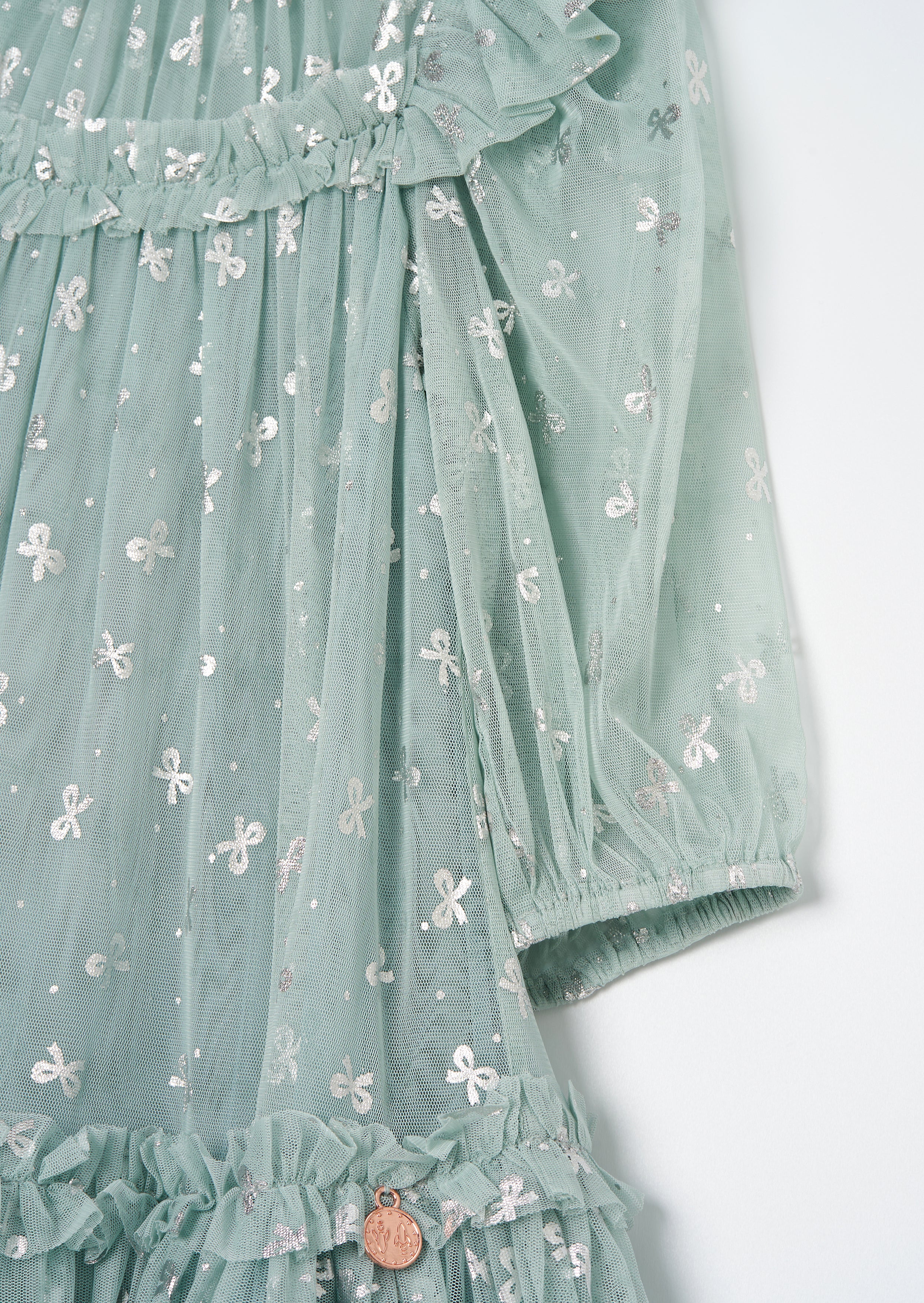 Georgie Mint Glitter Bow Print Mesh Dress