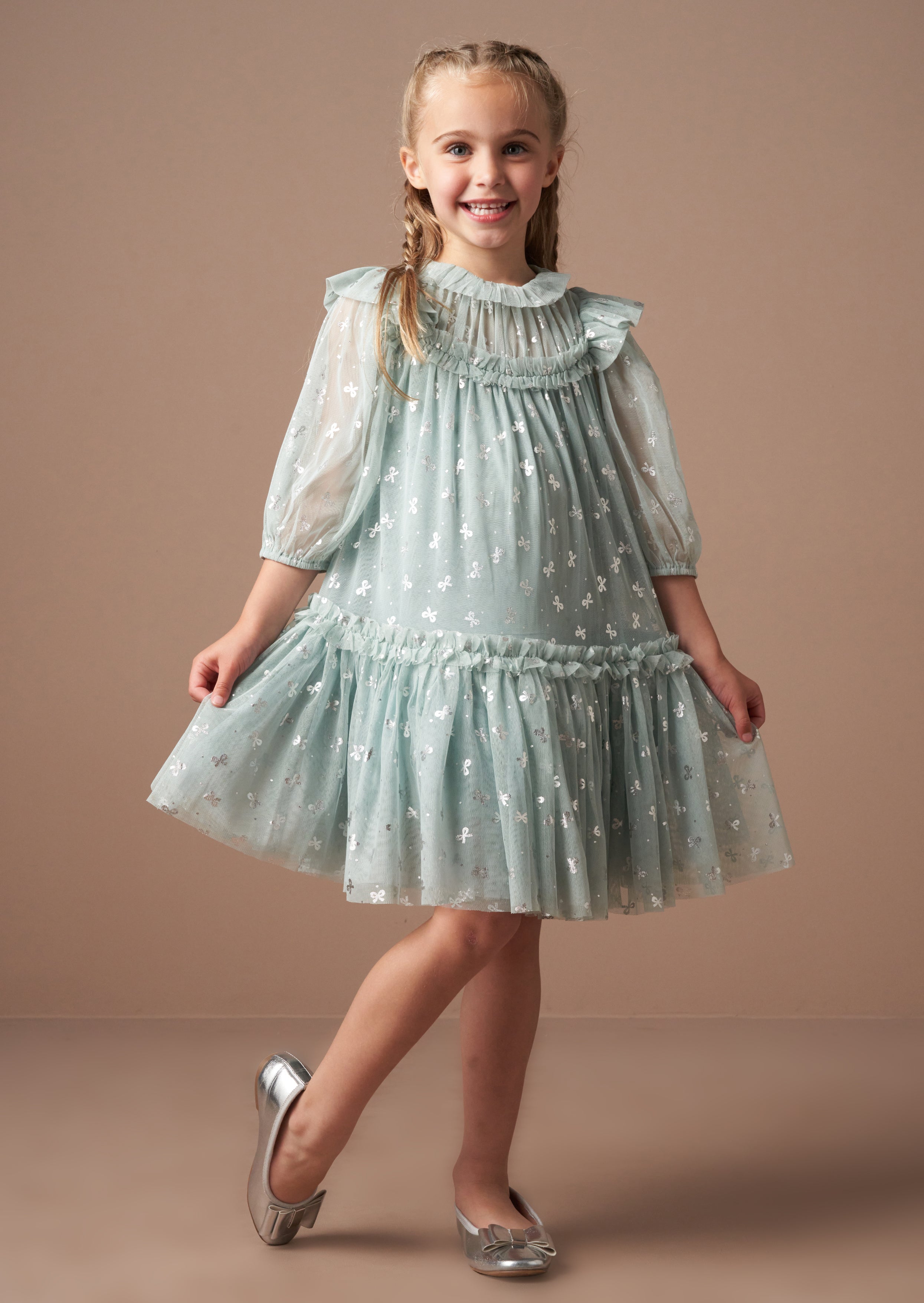 Georgie Mint Glitter Bow Print Mesh Dress