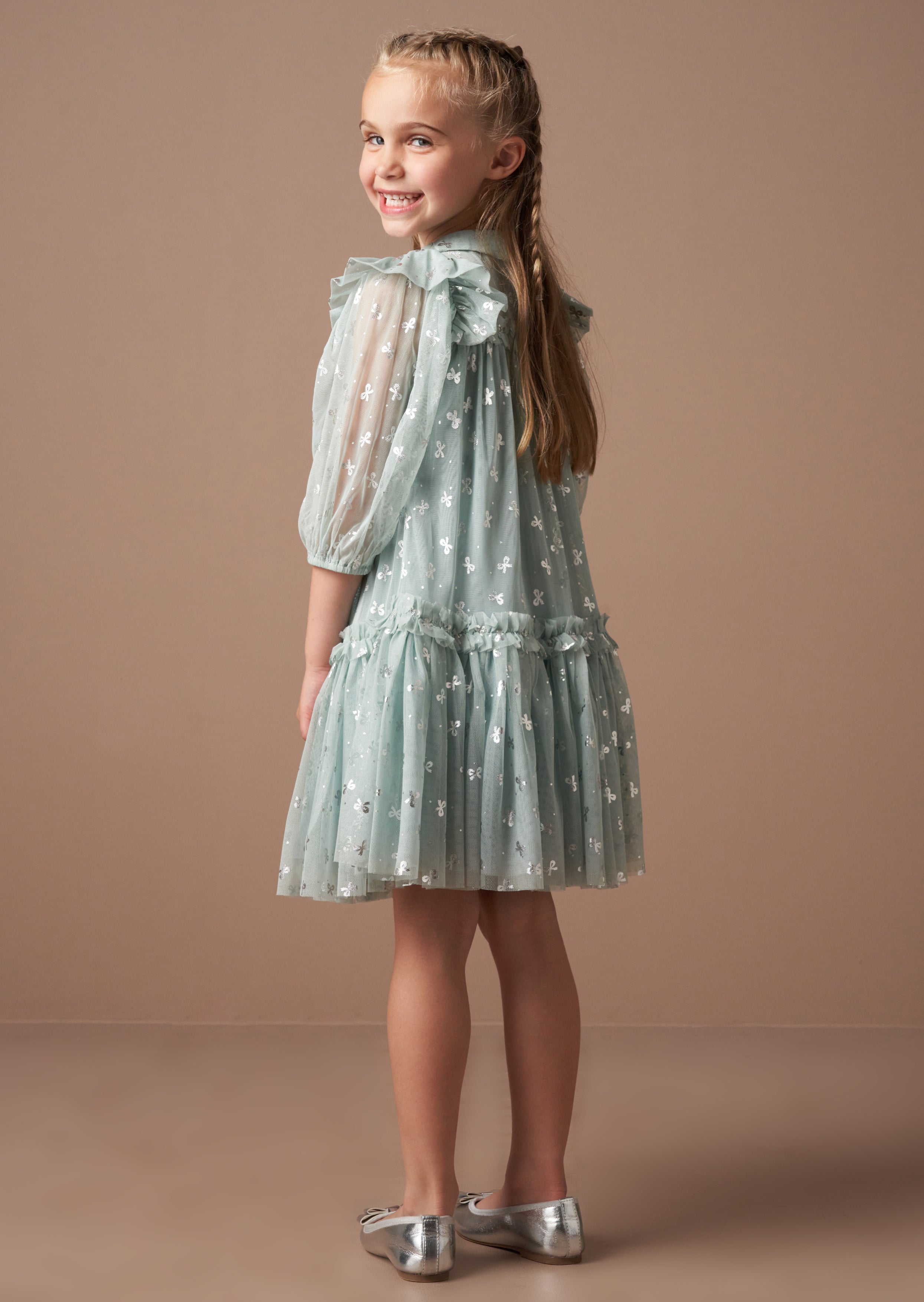 Georgie Mint Glitter Bow Print Mesh Dress