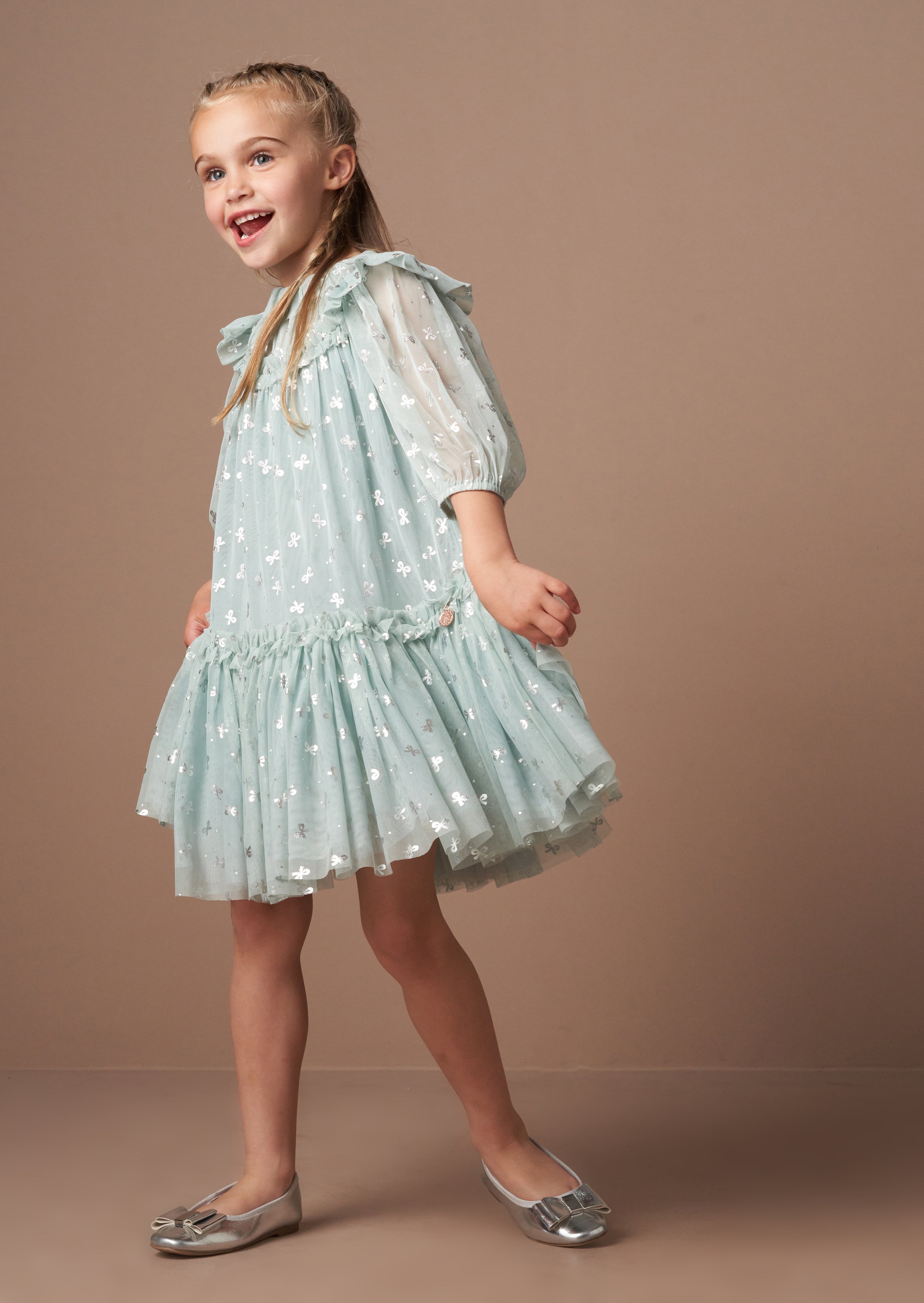 Georgie Mint Glitter Bow Print Mesh Dress