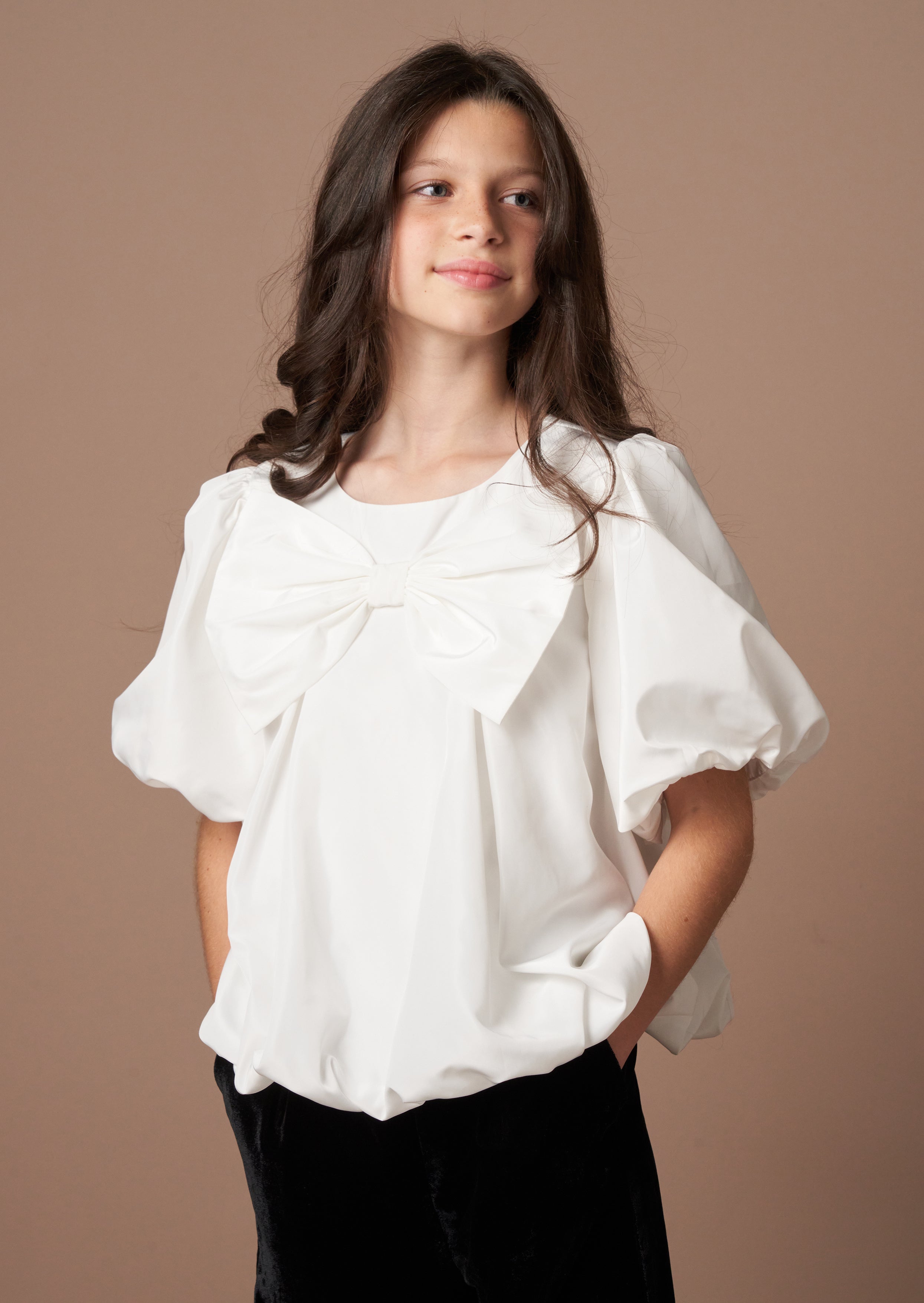 Nadia Ivory Bubble Hem Bow Top