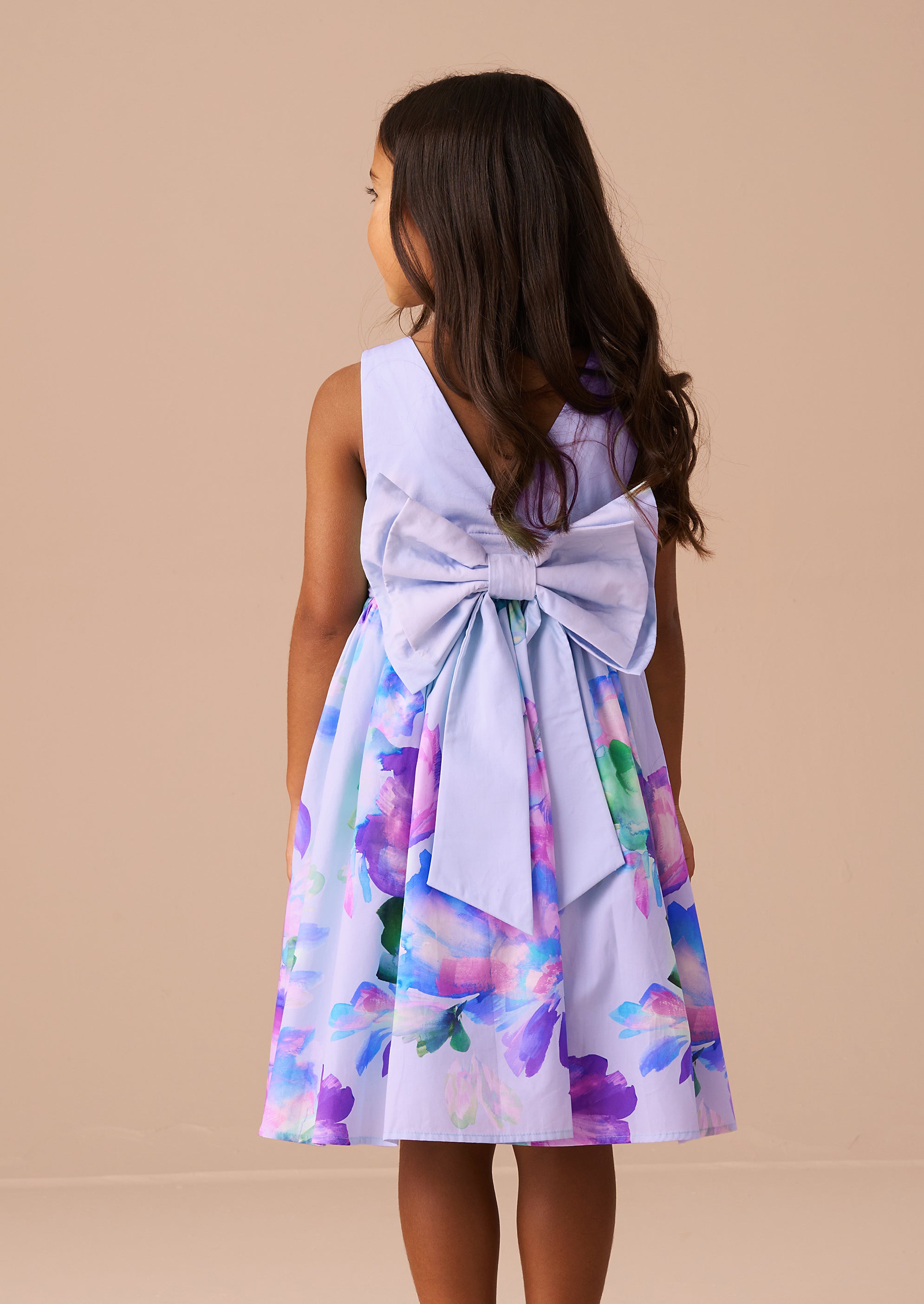 Elisa Purple Print Border Bow Back Dress