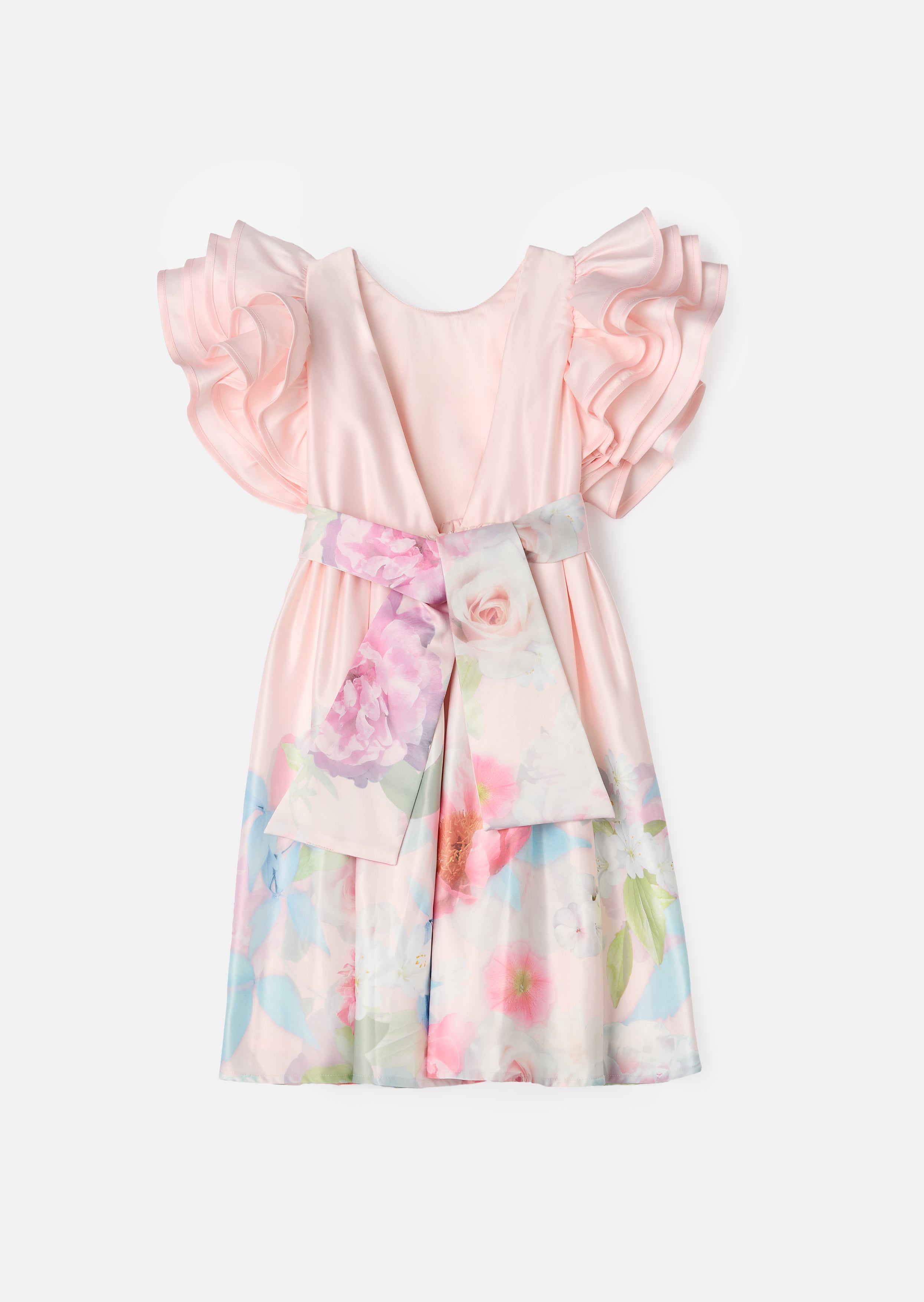 Emilie Pink Ruffle Sleeve Border Print Dress