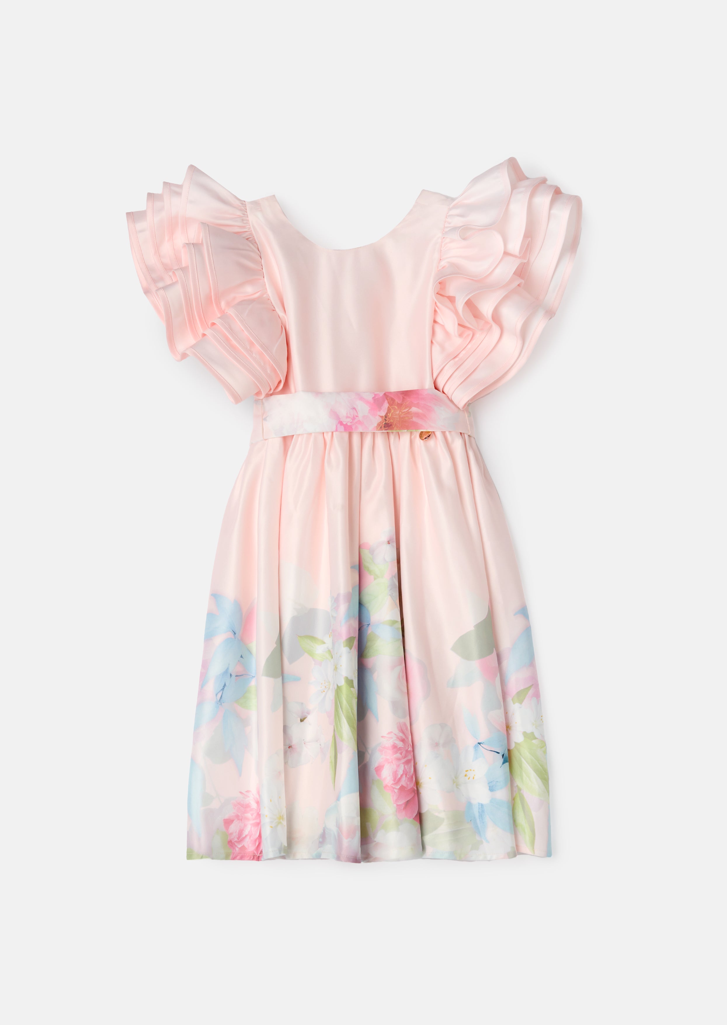 Emilie Pink Ruffle Sleeve Border Print Dress