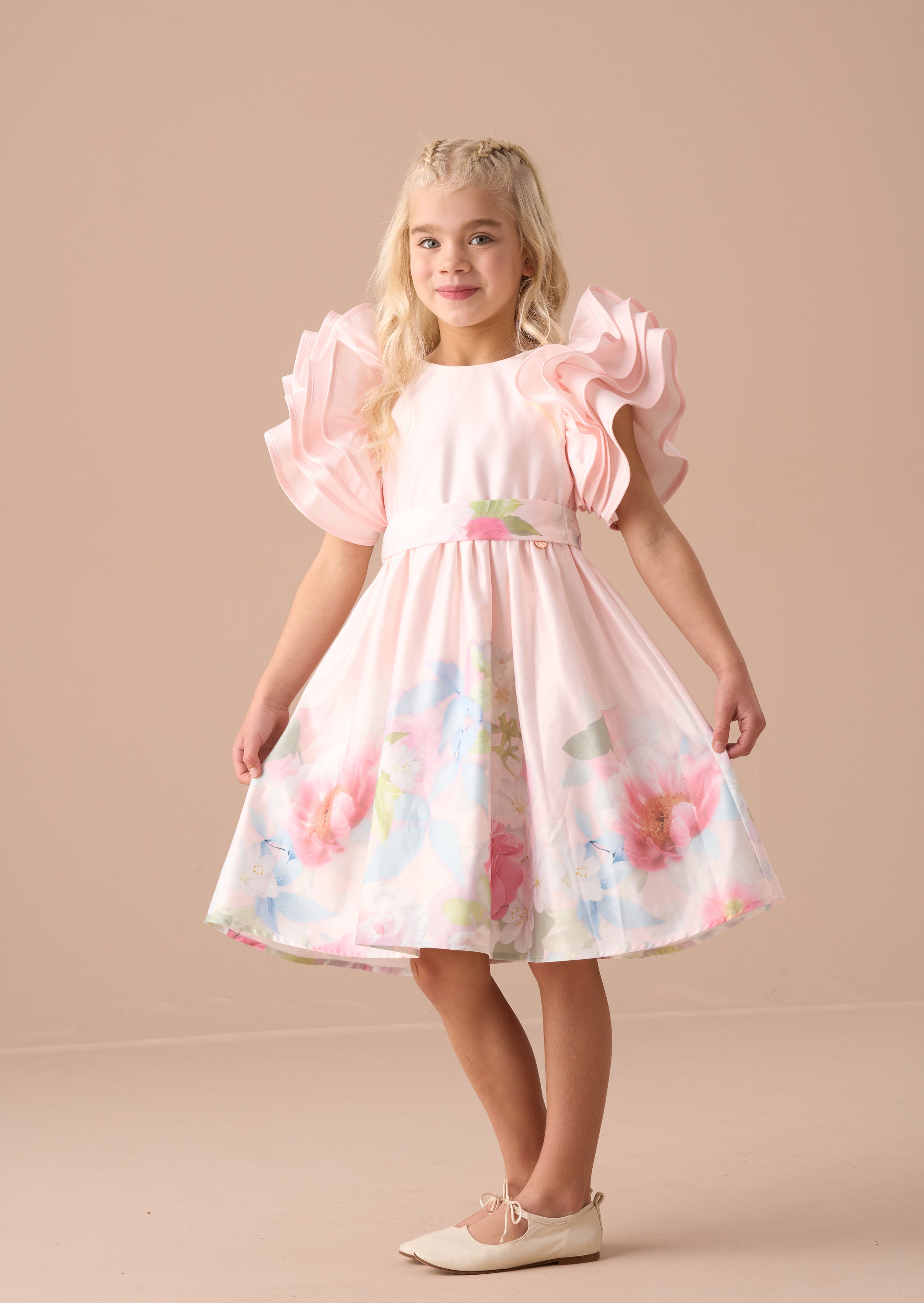 Emilie Pink Ruffle Sleeve Border Print Dress