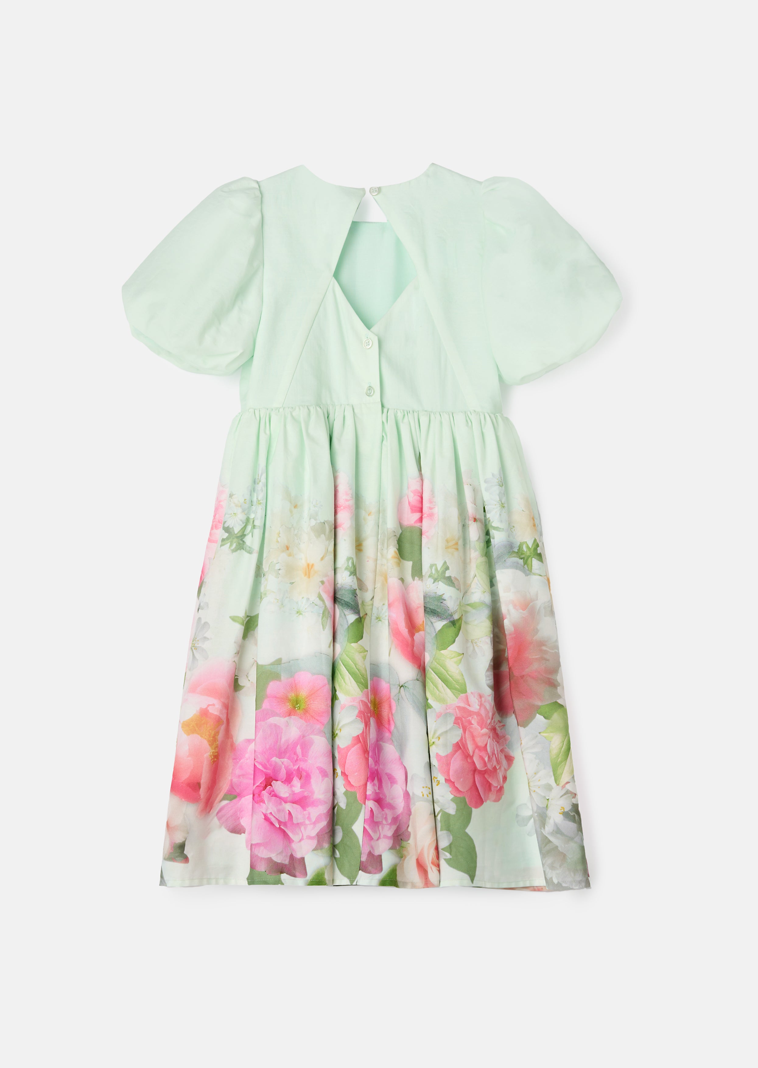 Anna Mint Border Print Puff Sleeve Dress