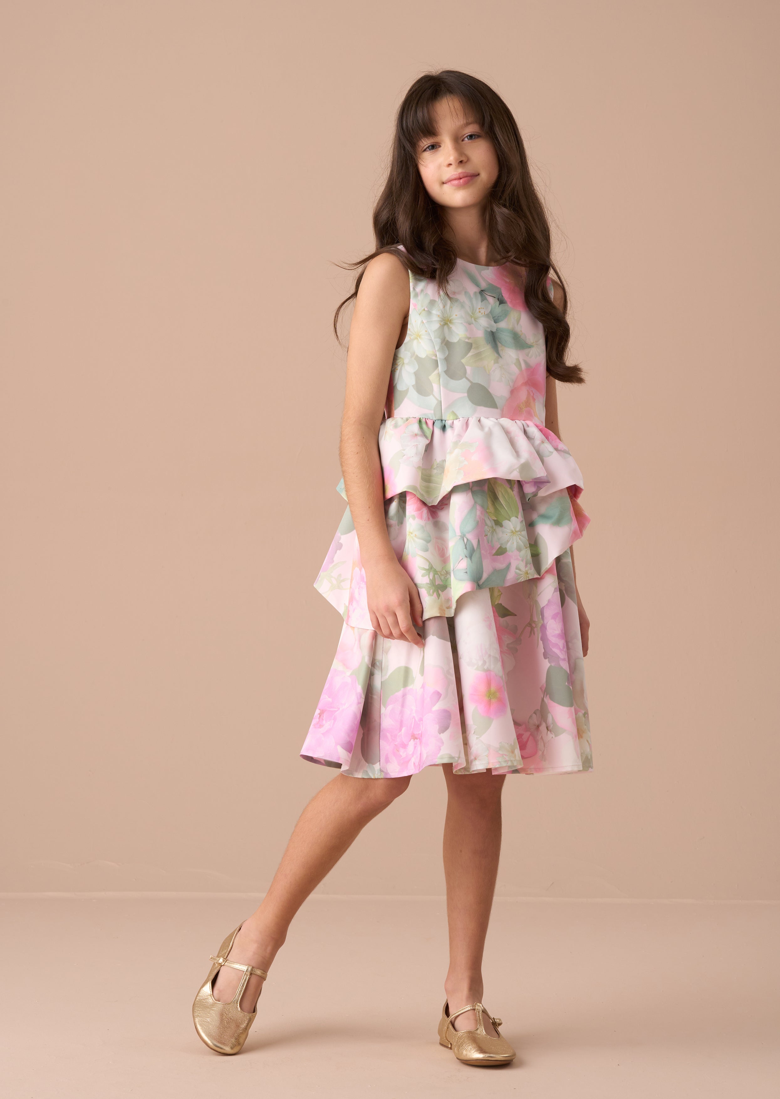 Lilah Pink Peplum Tiered Print Dress