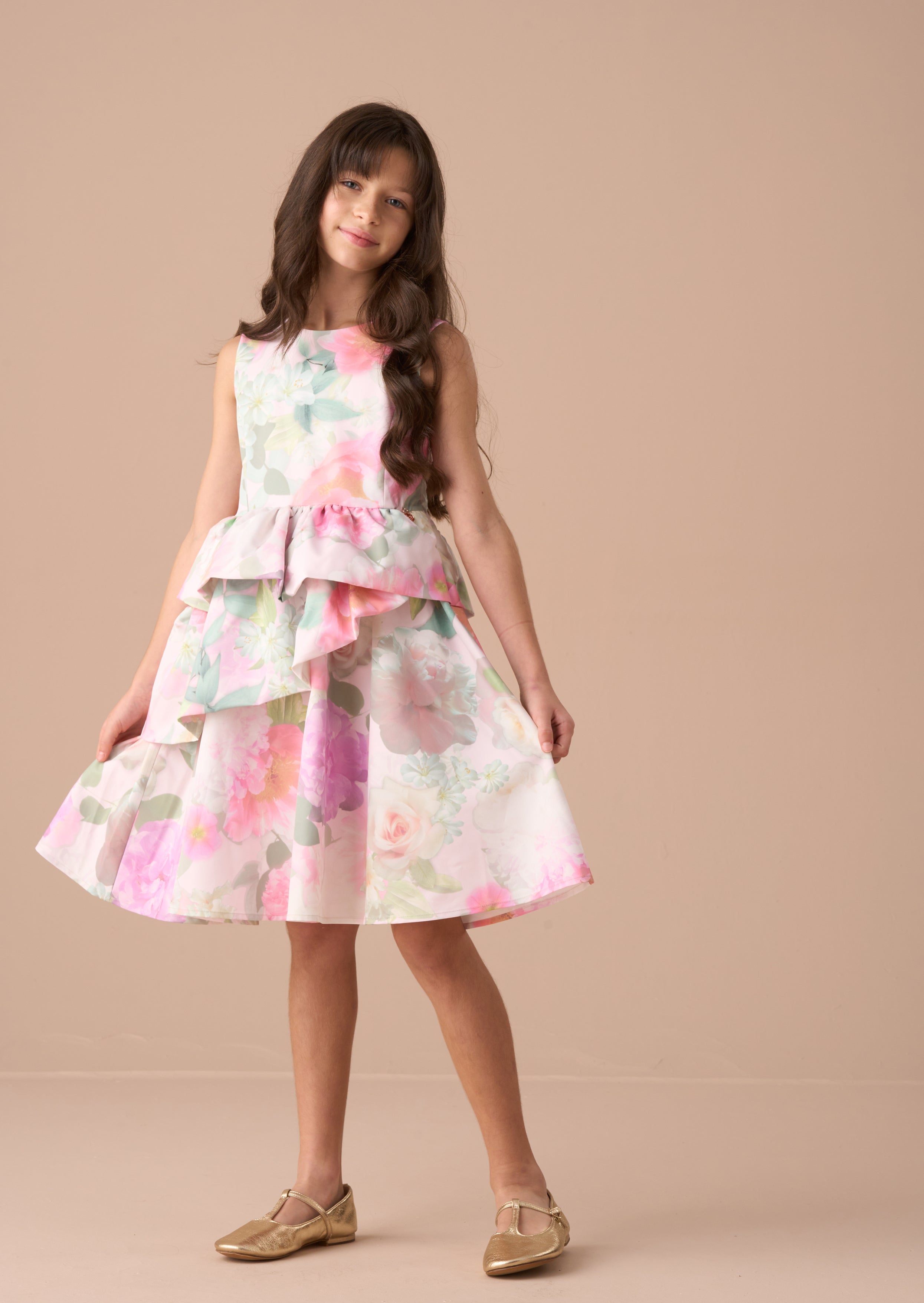 Lilah Pink Peplum Tiered Print Dress