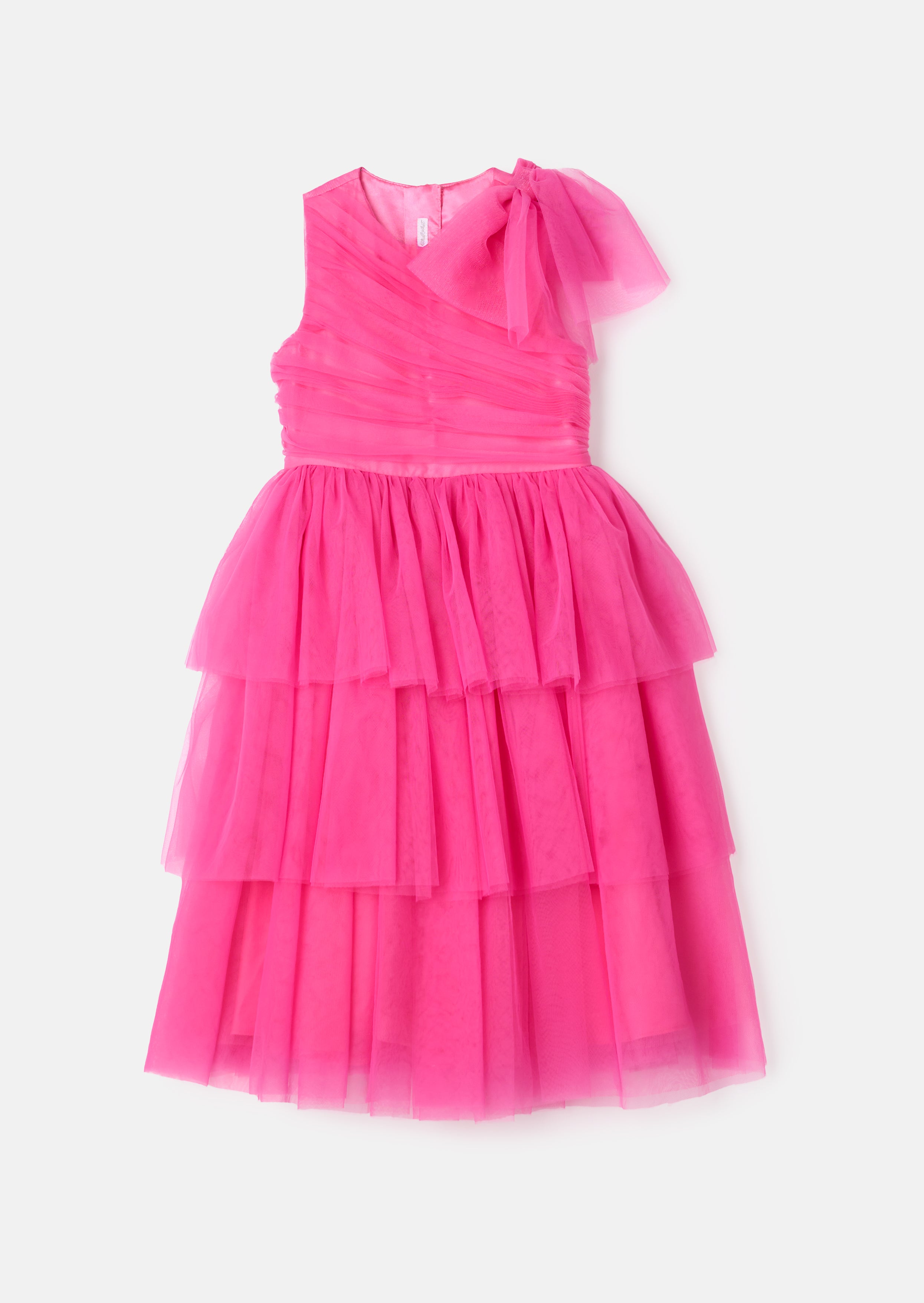 Sienna Pink Bow Tiered Mesh Dress