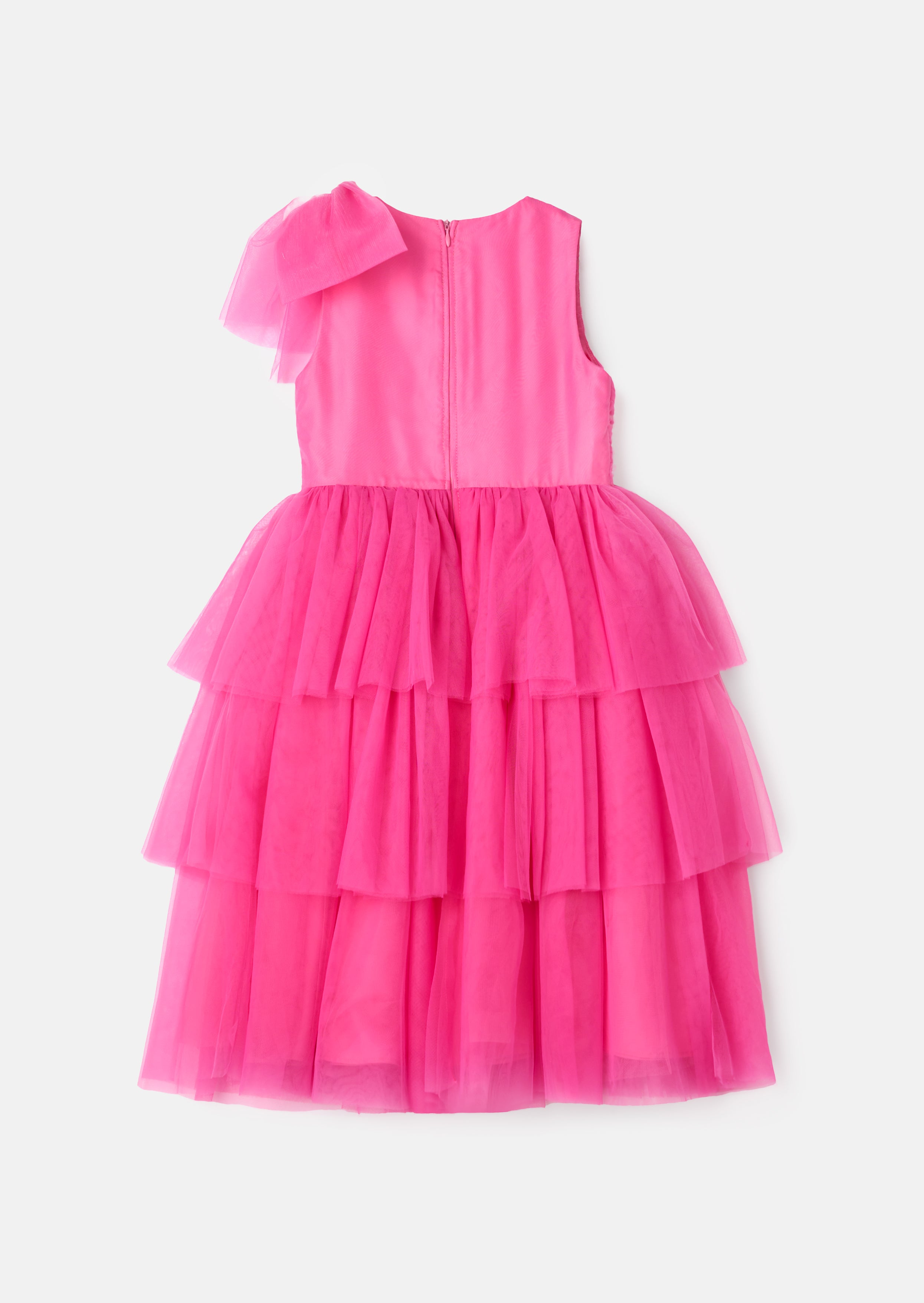 Sienna Pink Bow Tiered Mesh Dress