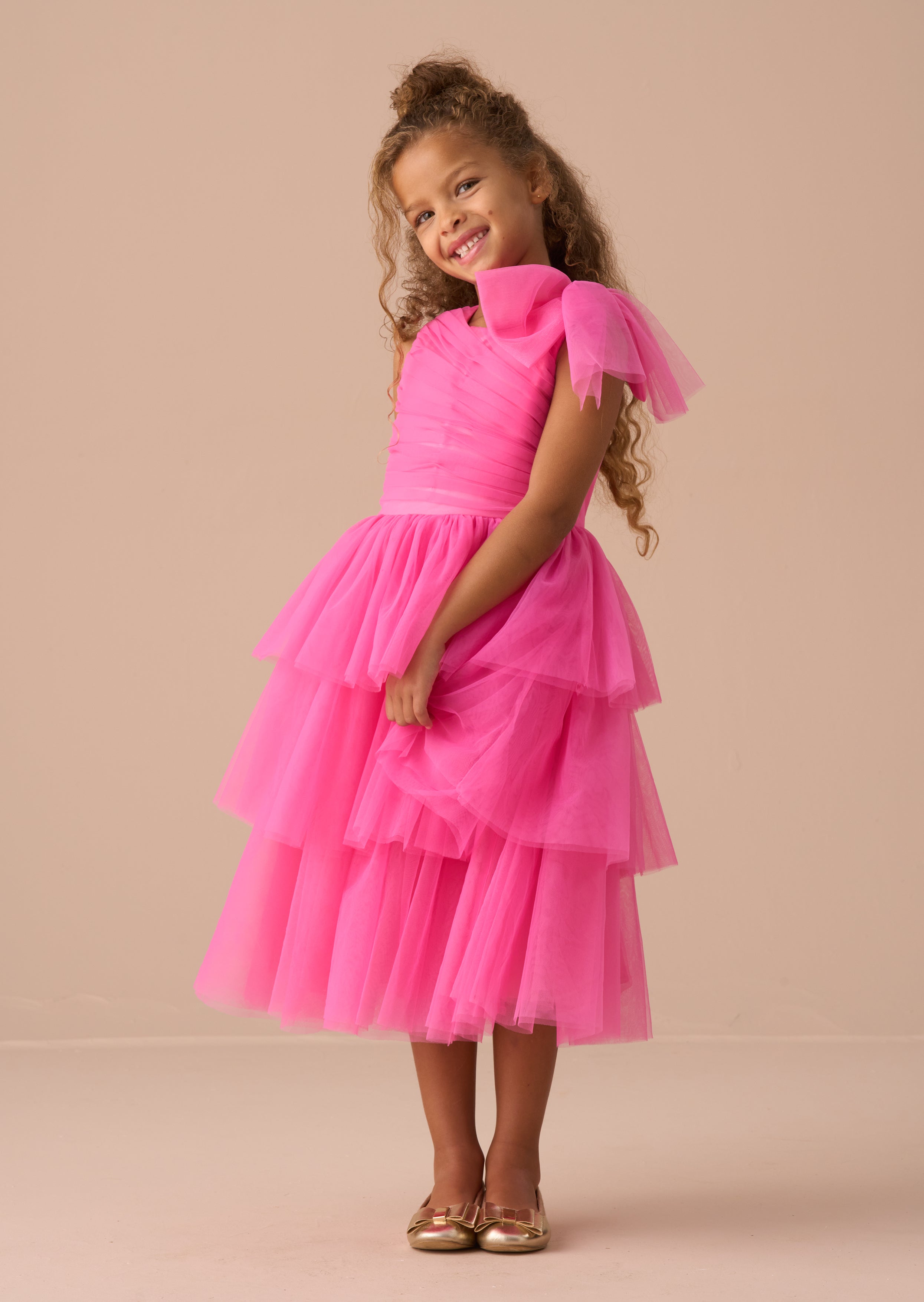 Sienna Pink Bow Tiered Mesh Dress