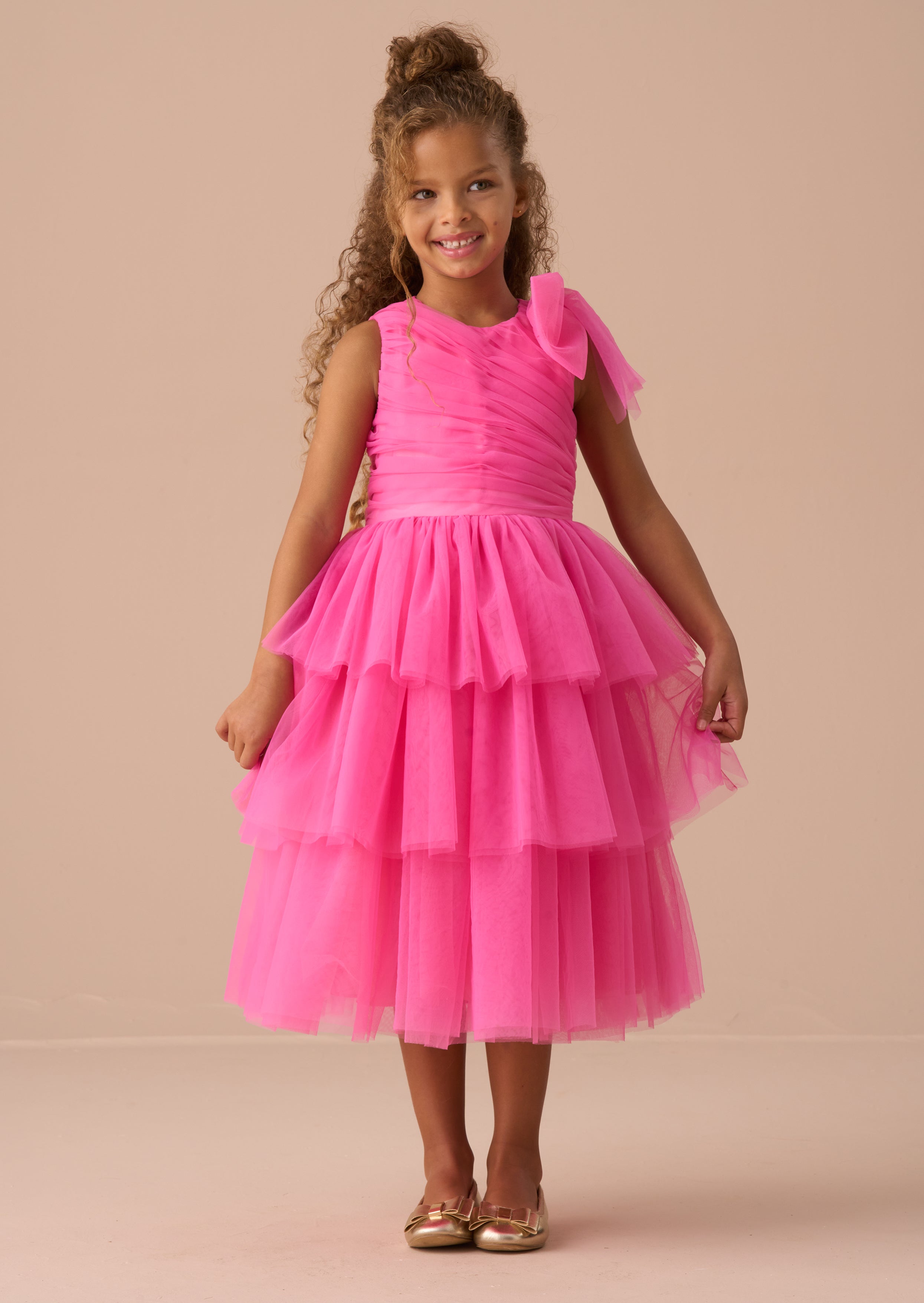 Sienna Pink Bow Tiered Mesh Dress