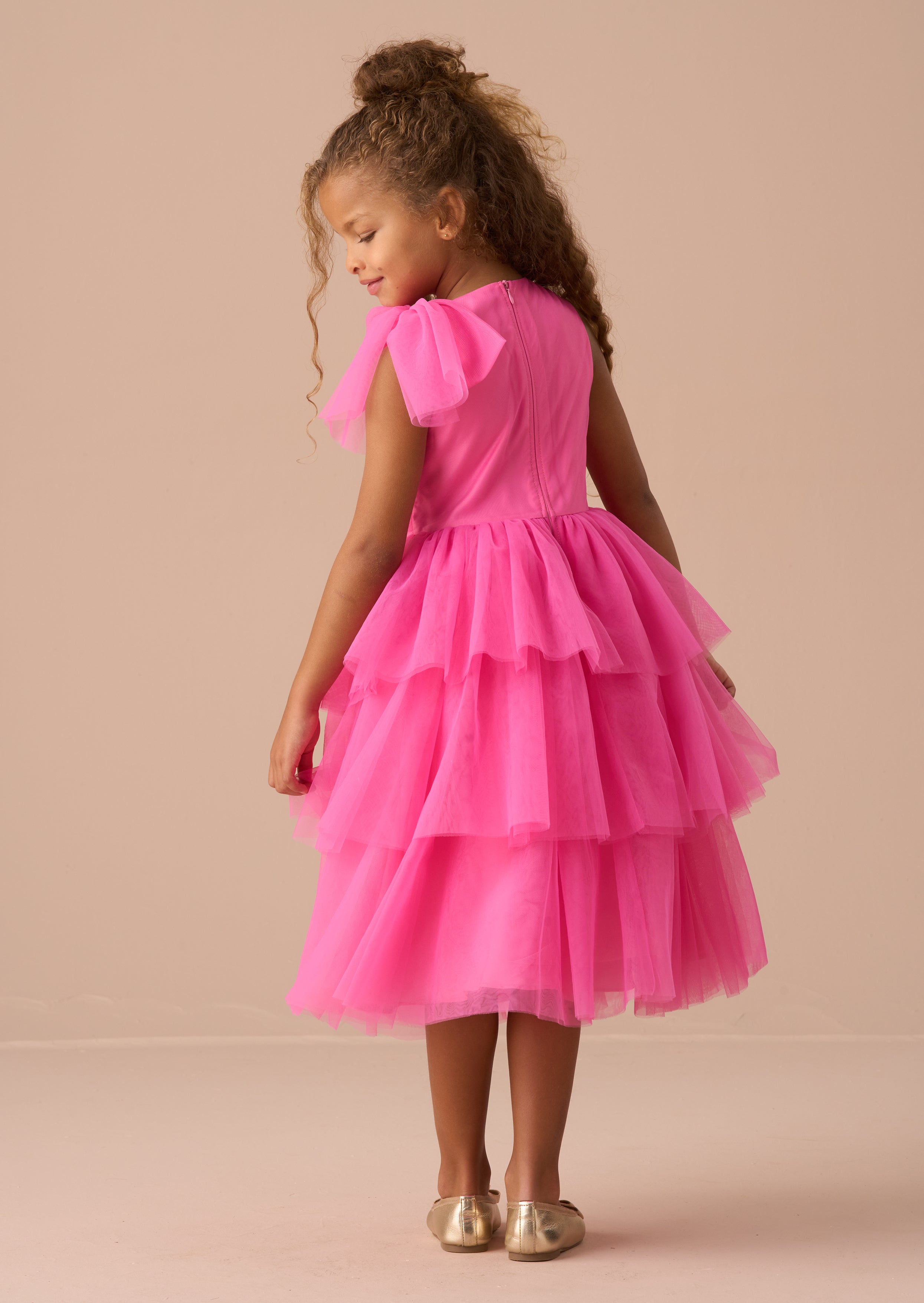 Sienna Pink Bow Tiered Mesh Dress