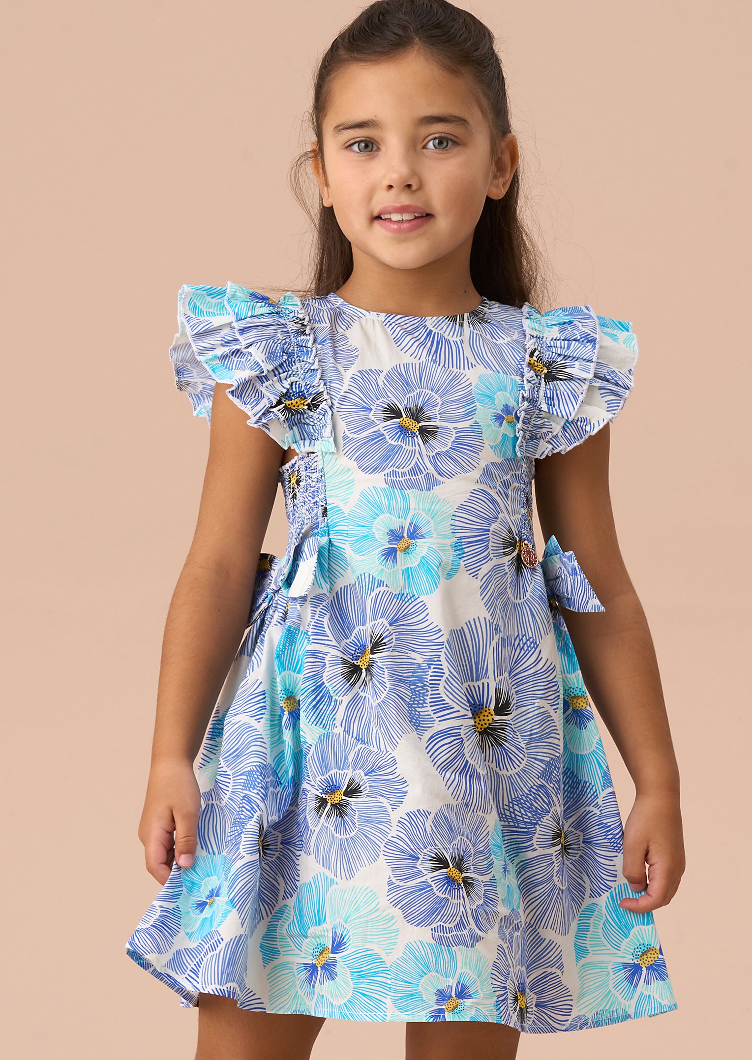 Alessandra Blue Side Bow Shirred Panel Dress