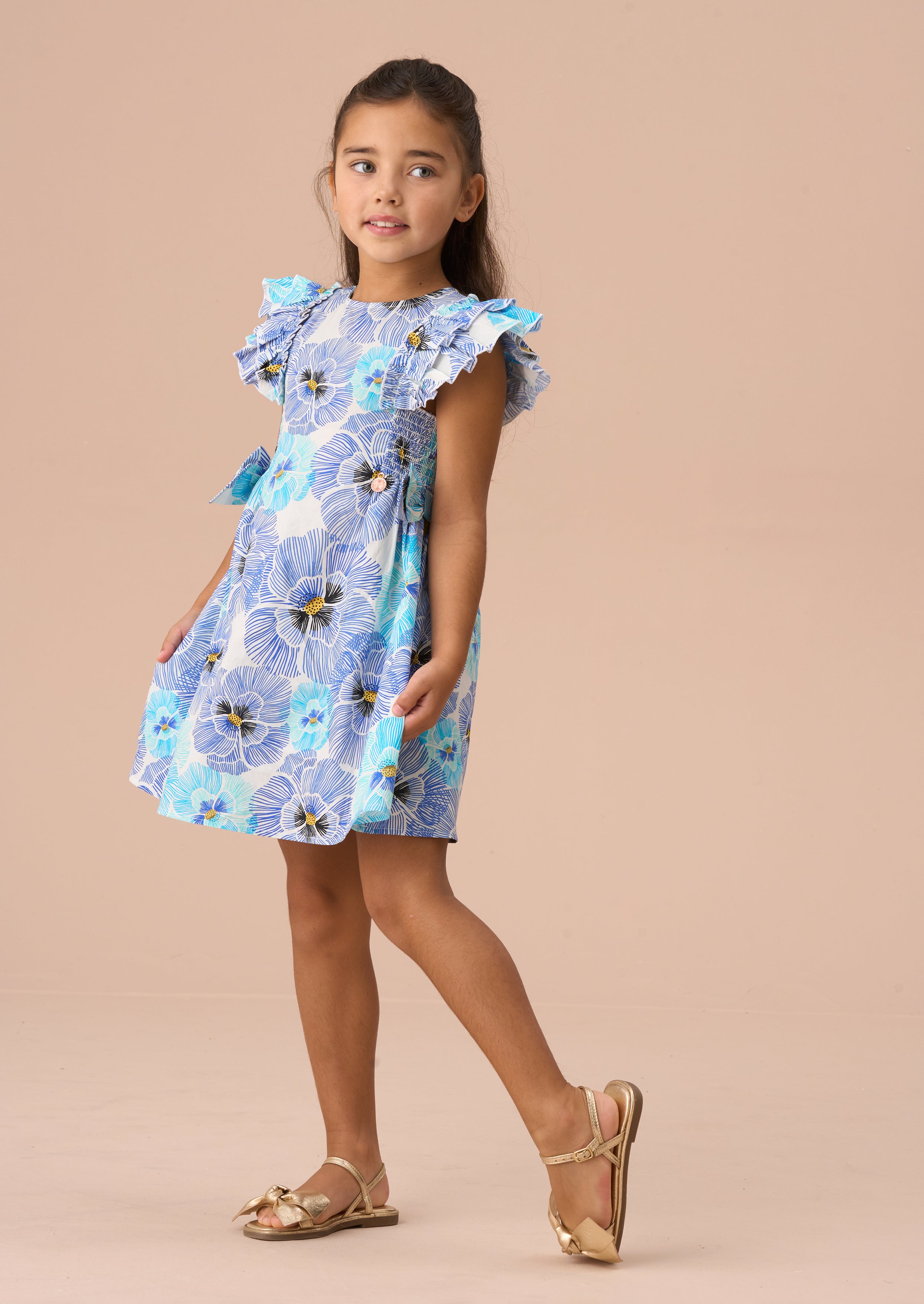 Alessandra Blue Side Bow Shirred Panel Dress