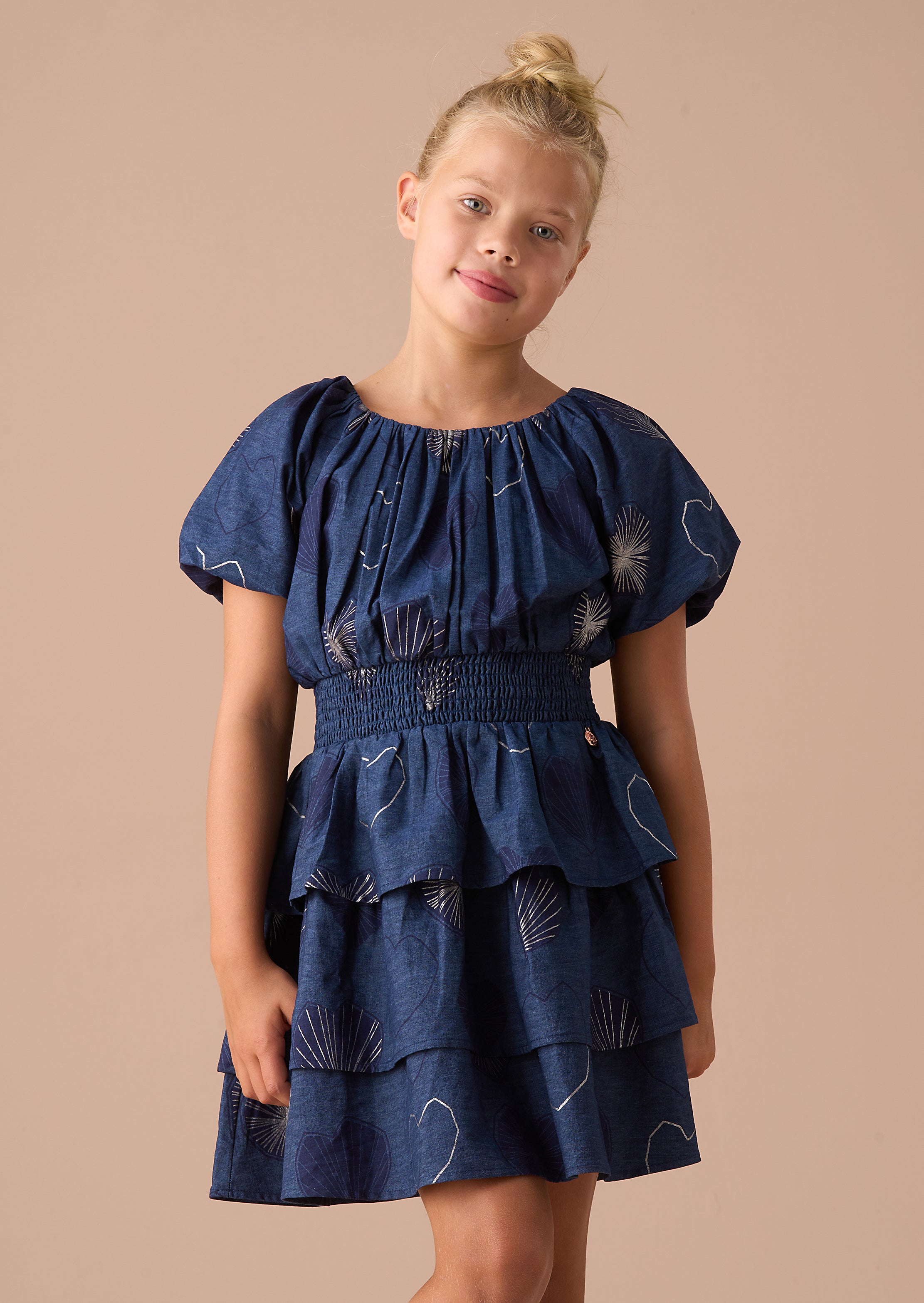 Eva Blue Foil Print Denim Tiered Dress