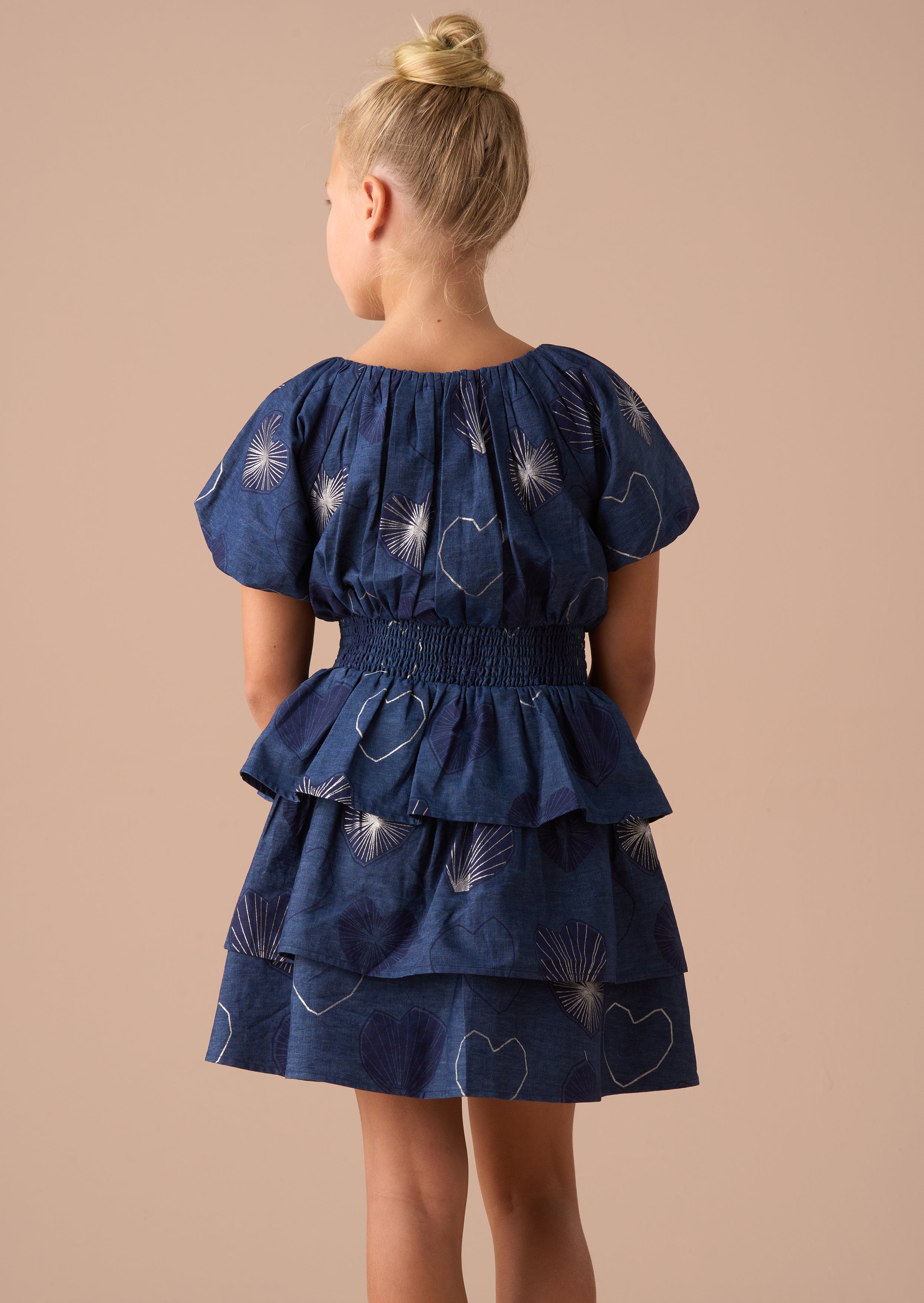 Eva Blue Foil Print Denim Tiered Dress