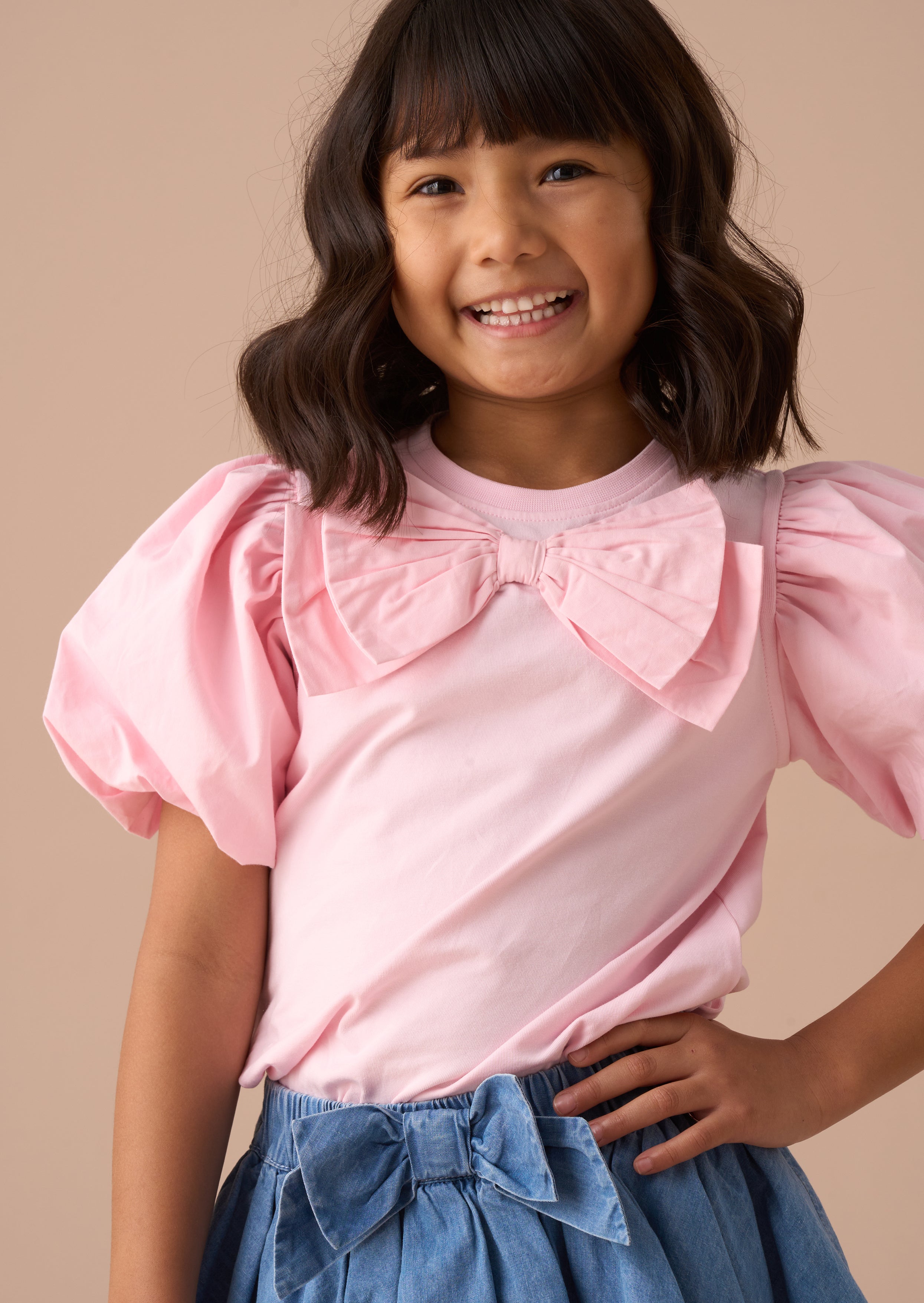 Eleri Pink Bow Puff Sleeve Top