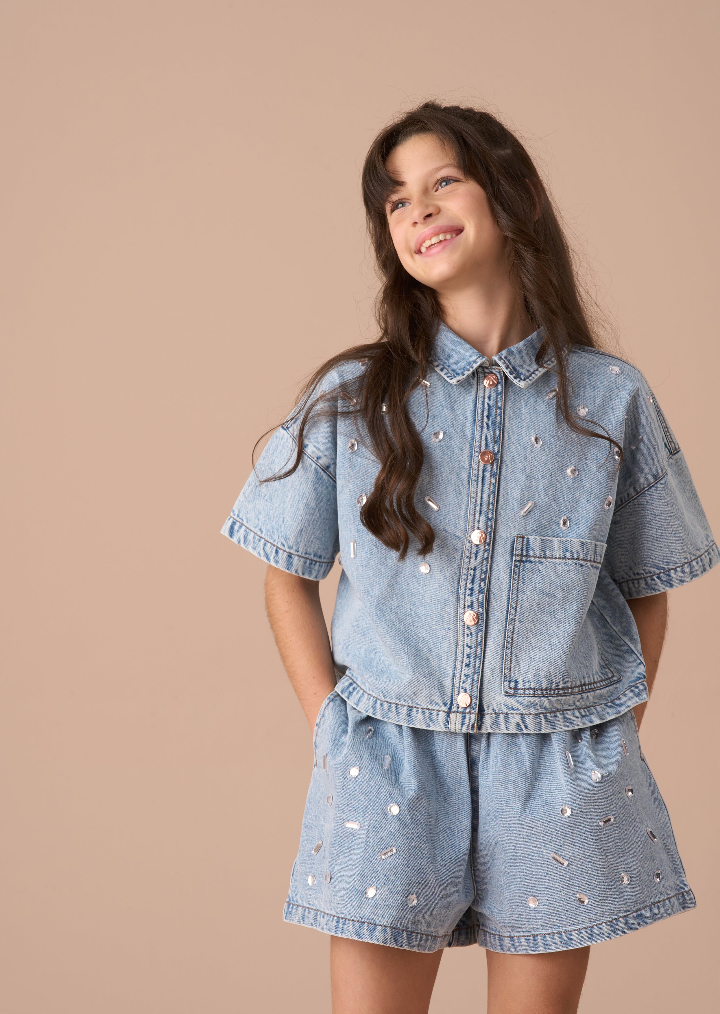 Zeta Blue Diamonte Short Sleeve Denim Shirt