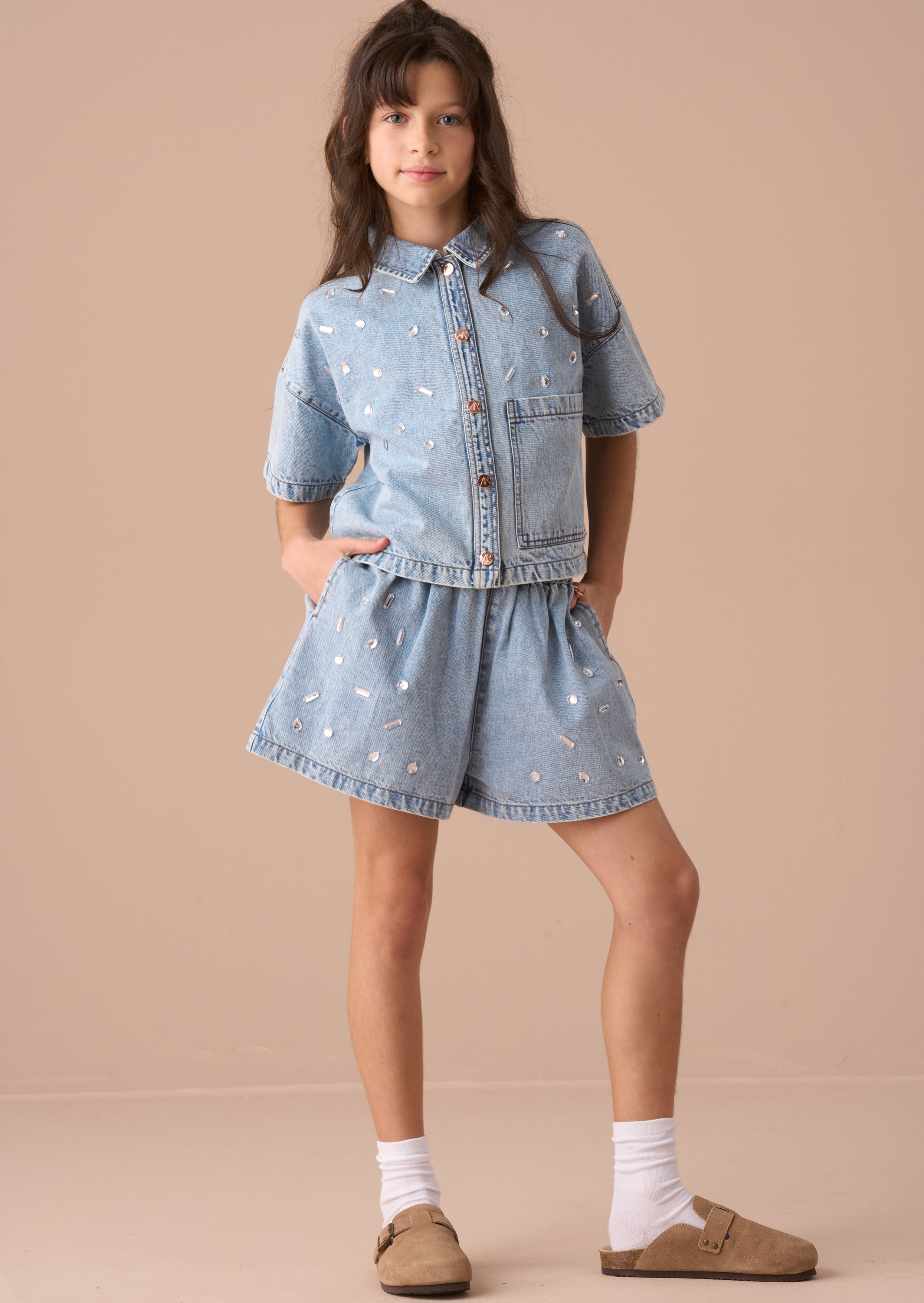 Zeta Blue Diamonte Short Sleeve Denim Shirt