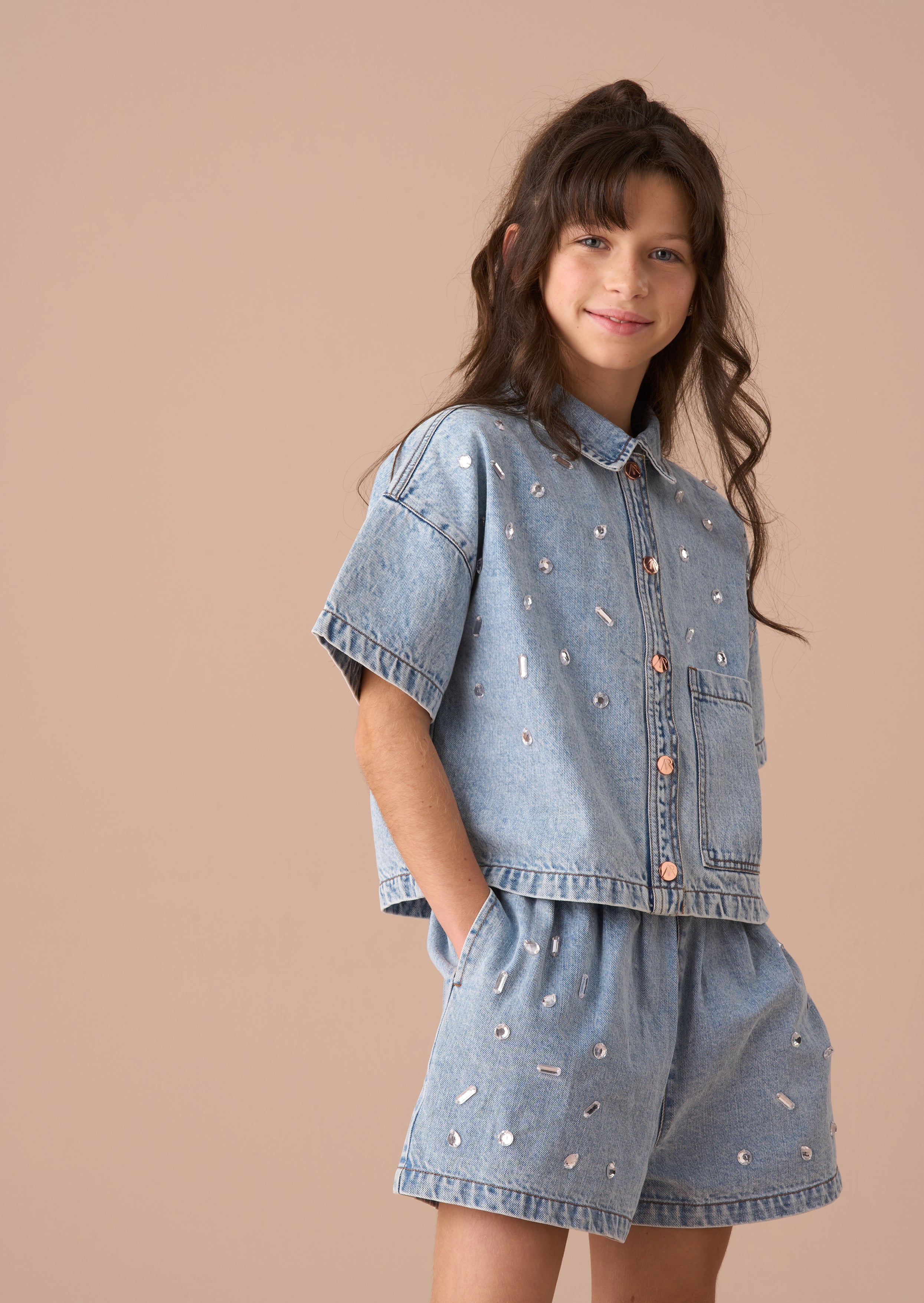 Zeta Blue Diamonte Short Sleeve Denim Shirt