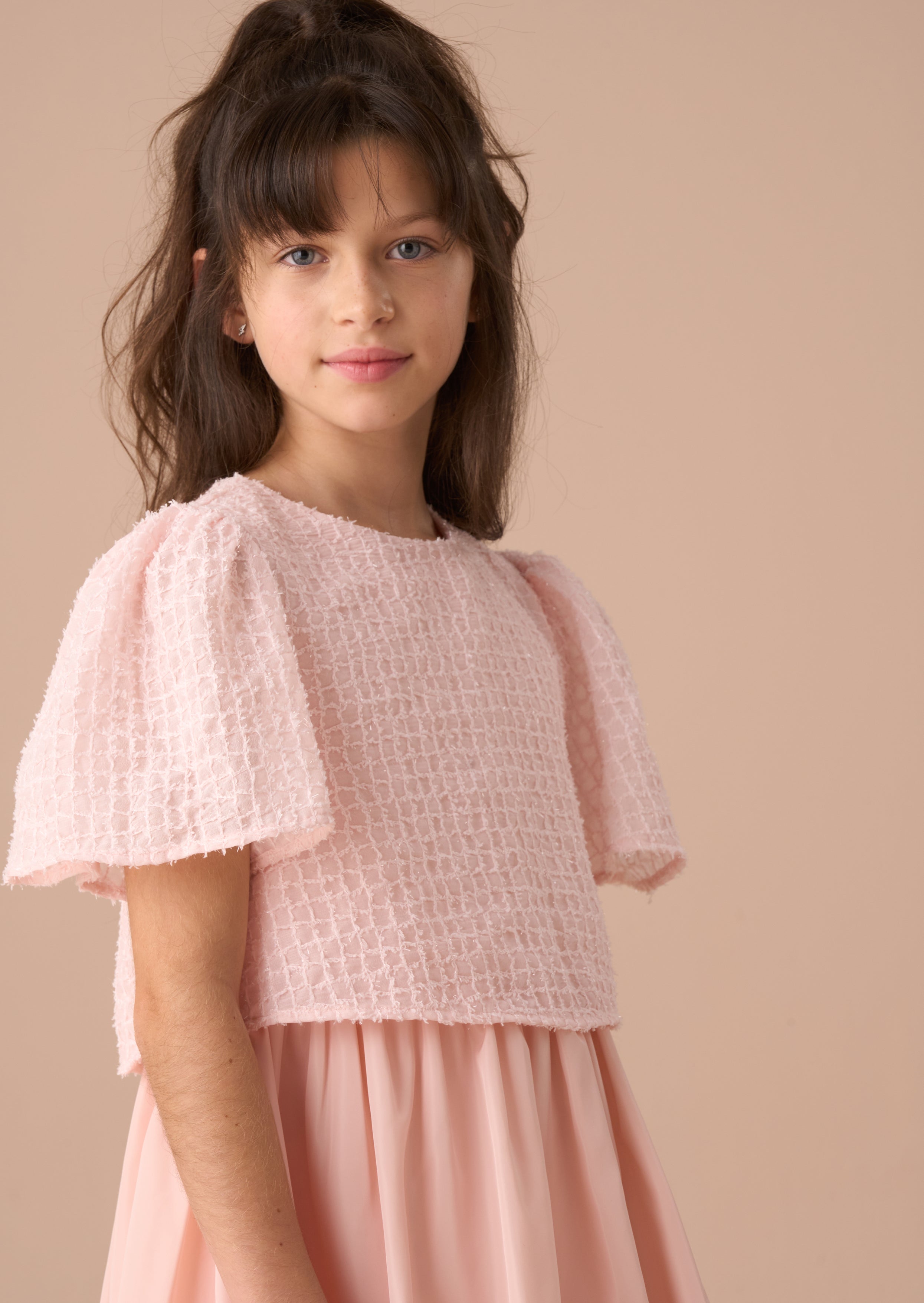 Ottilie Pink Bubble Hem Angel Sleeve Dress