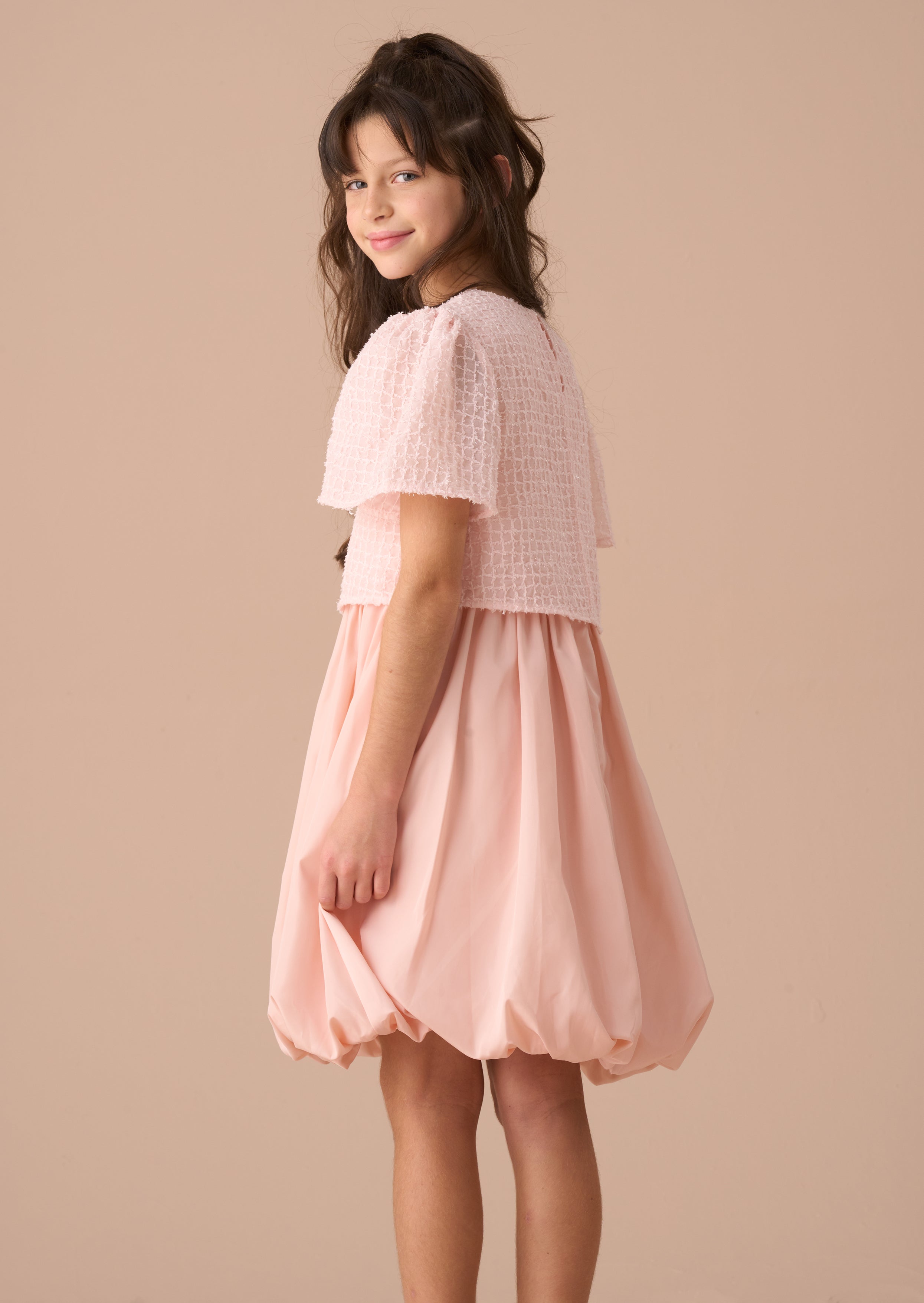 Ottilie Pink Bubble Hem Angel Sleeve Dress