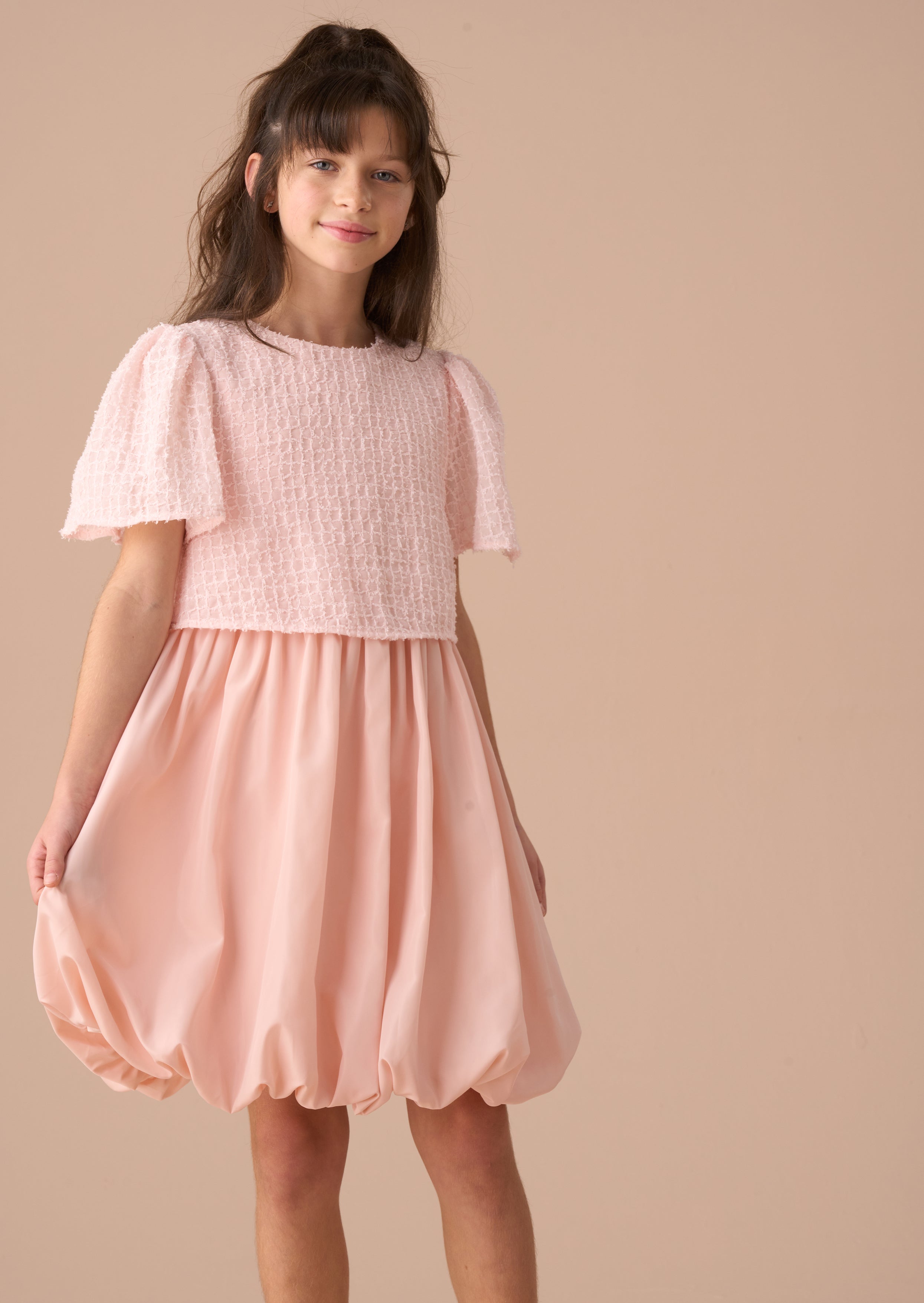 Ottilie Pink Bubble Hem Angel Sleeve Dress