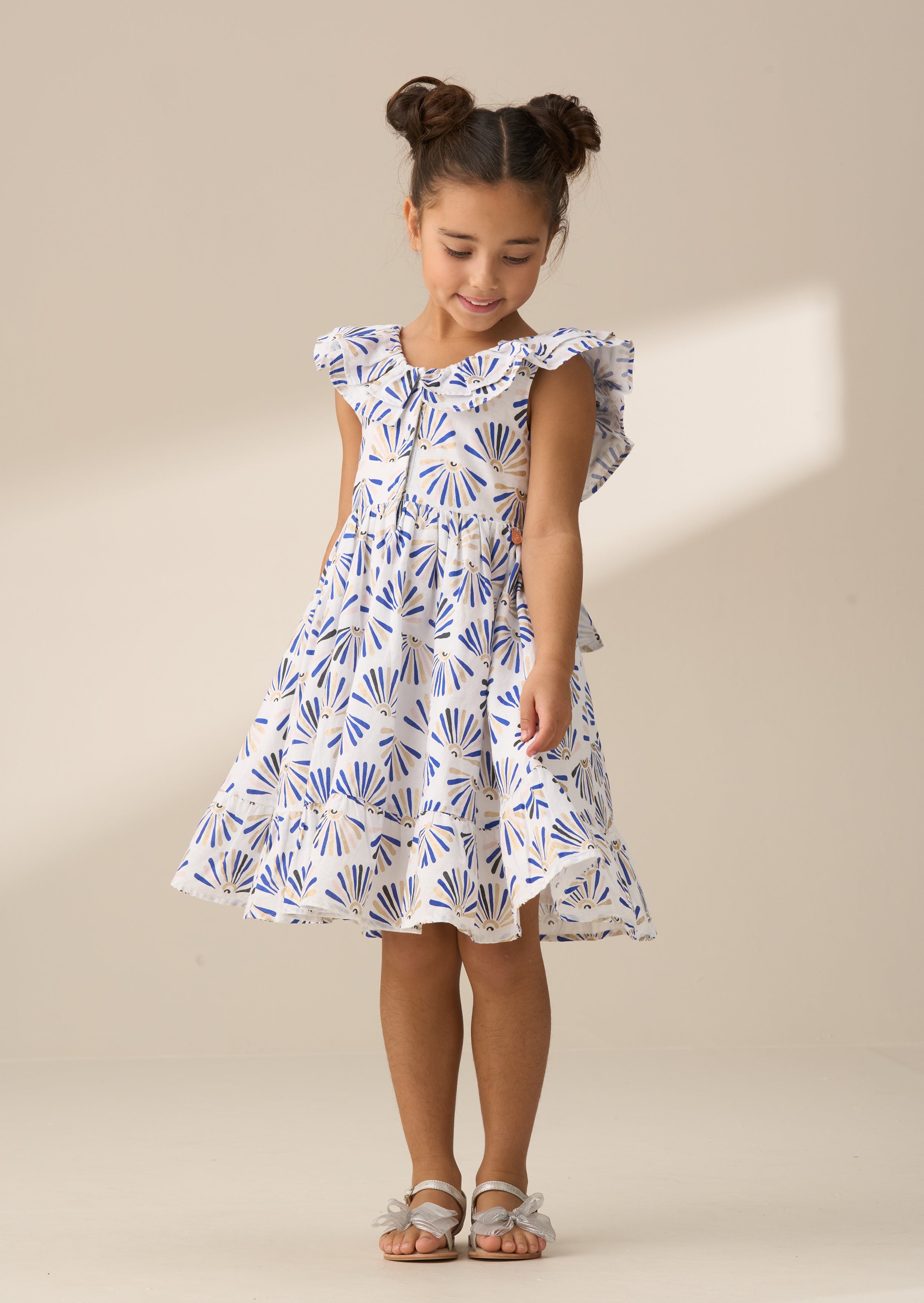 Lina Blue Frill Neck Print Dress