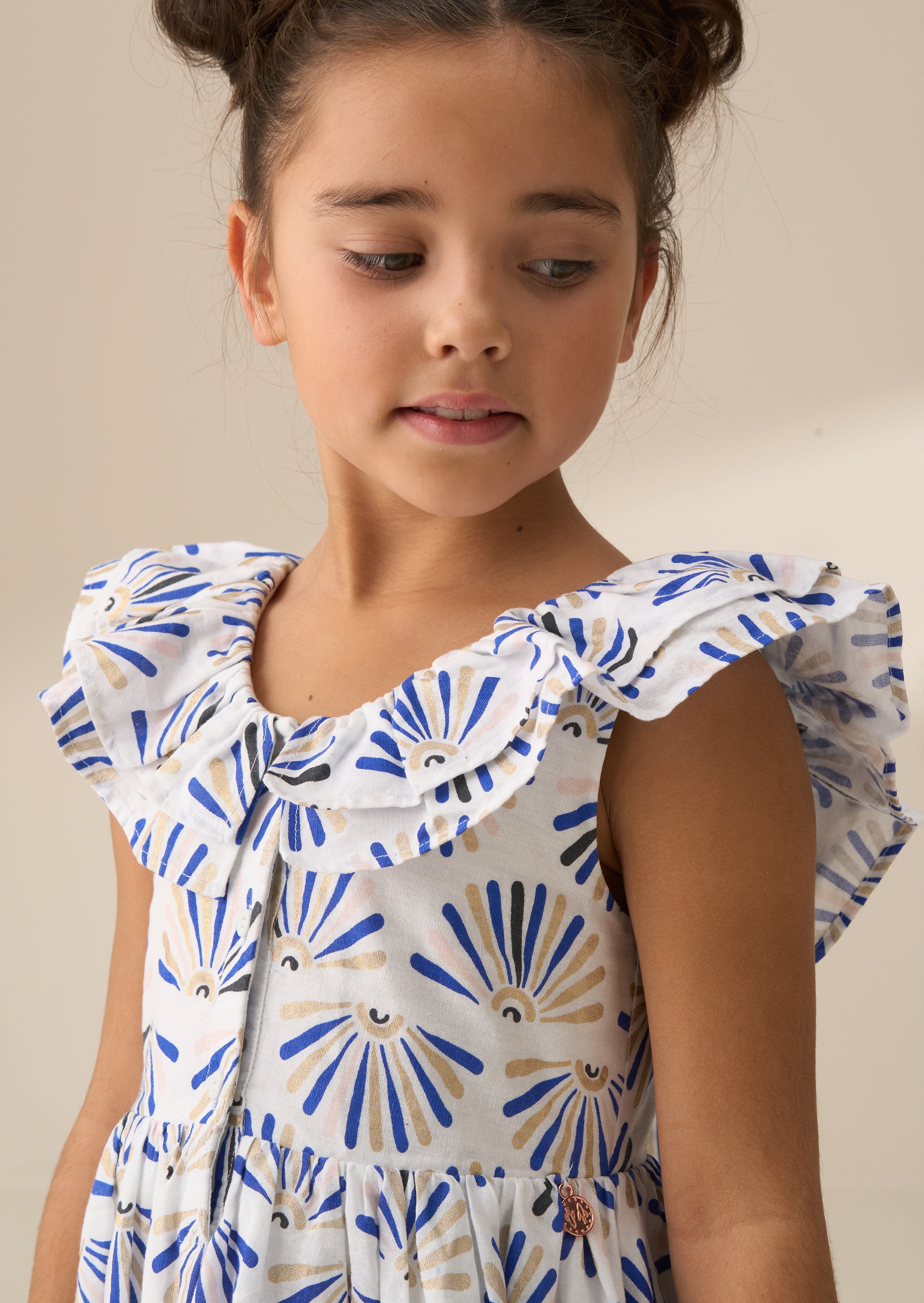 Lina Blue Frill Neck Print Dress