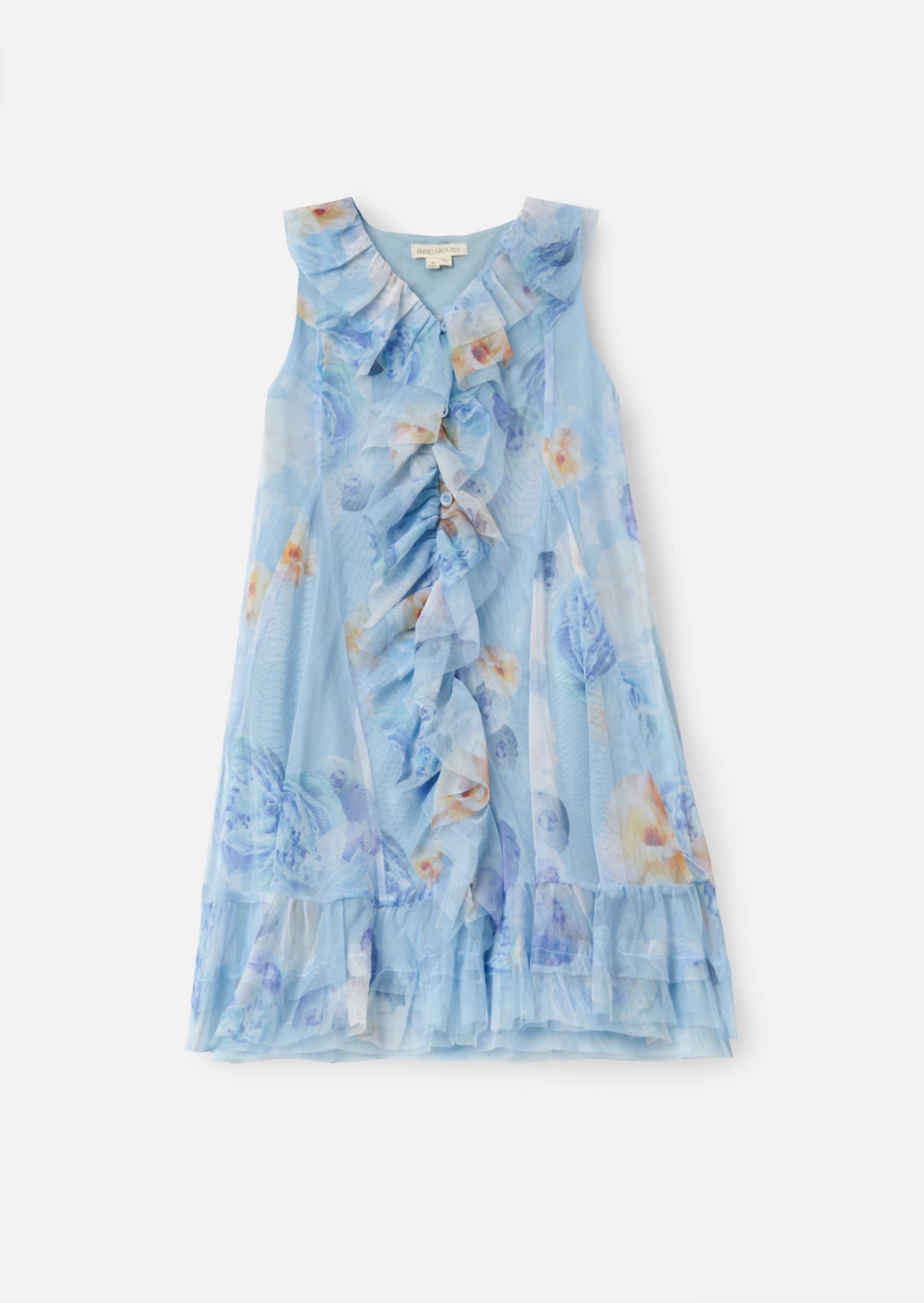 Lia Blue Printed Frill Mesh Dress