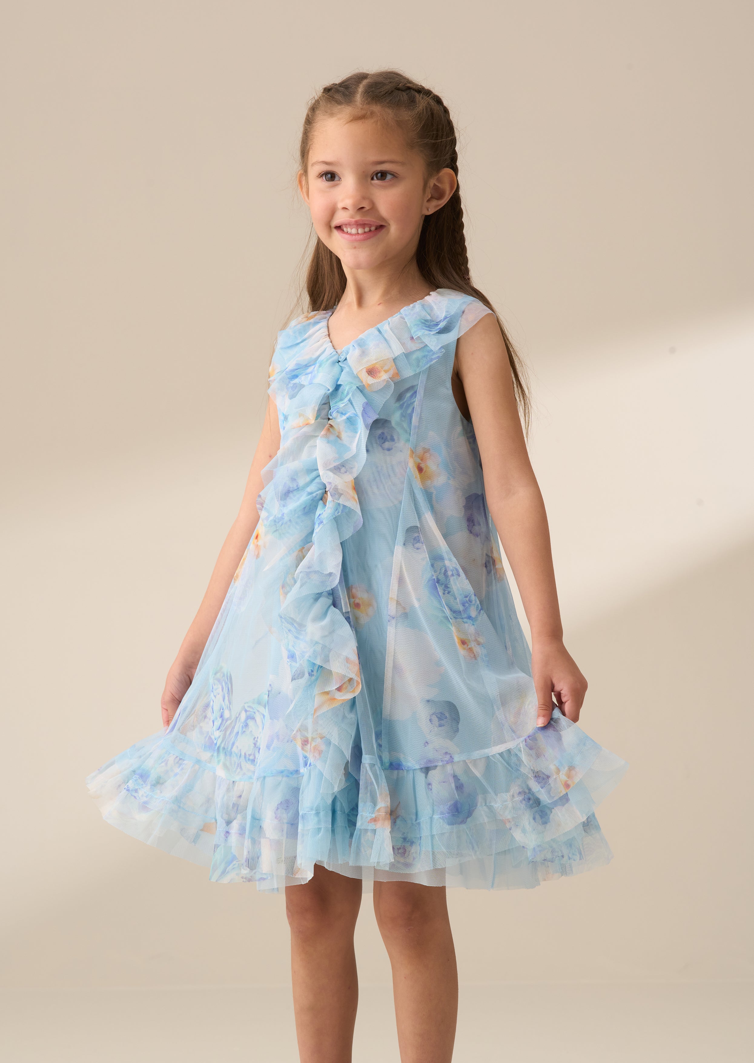 Lia Blue Printed Frill Mesh Dress