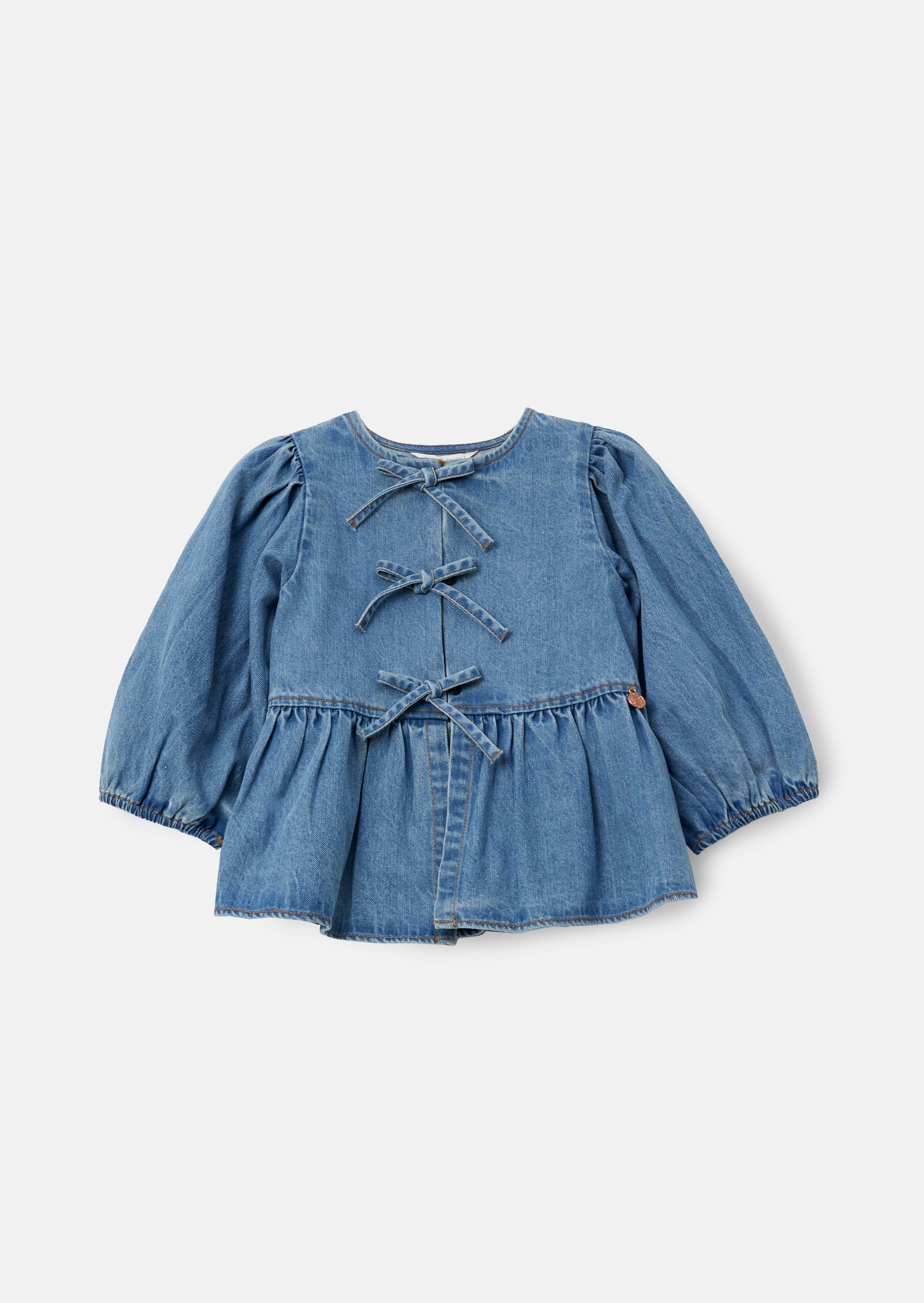 Rochelle Blue Denim Peplum Bow Top