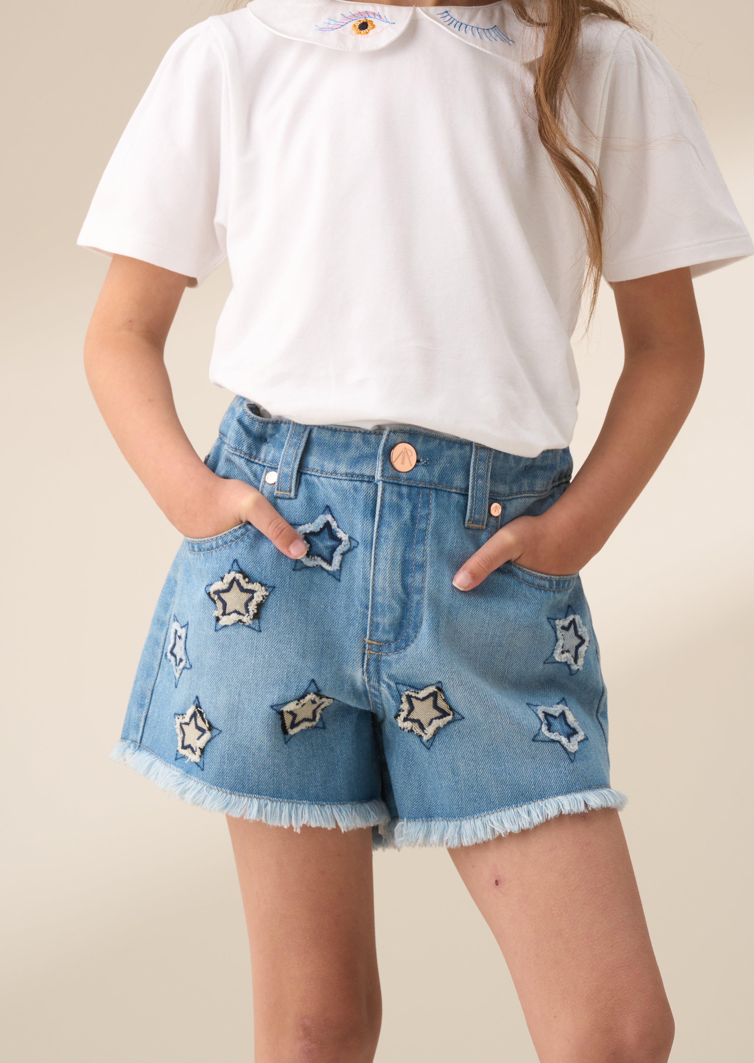 Nina Blue Star Applique Denim Short