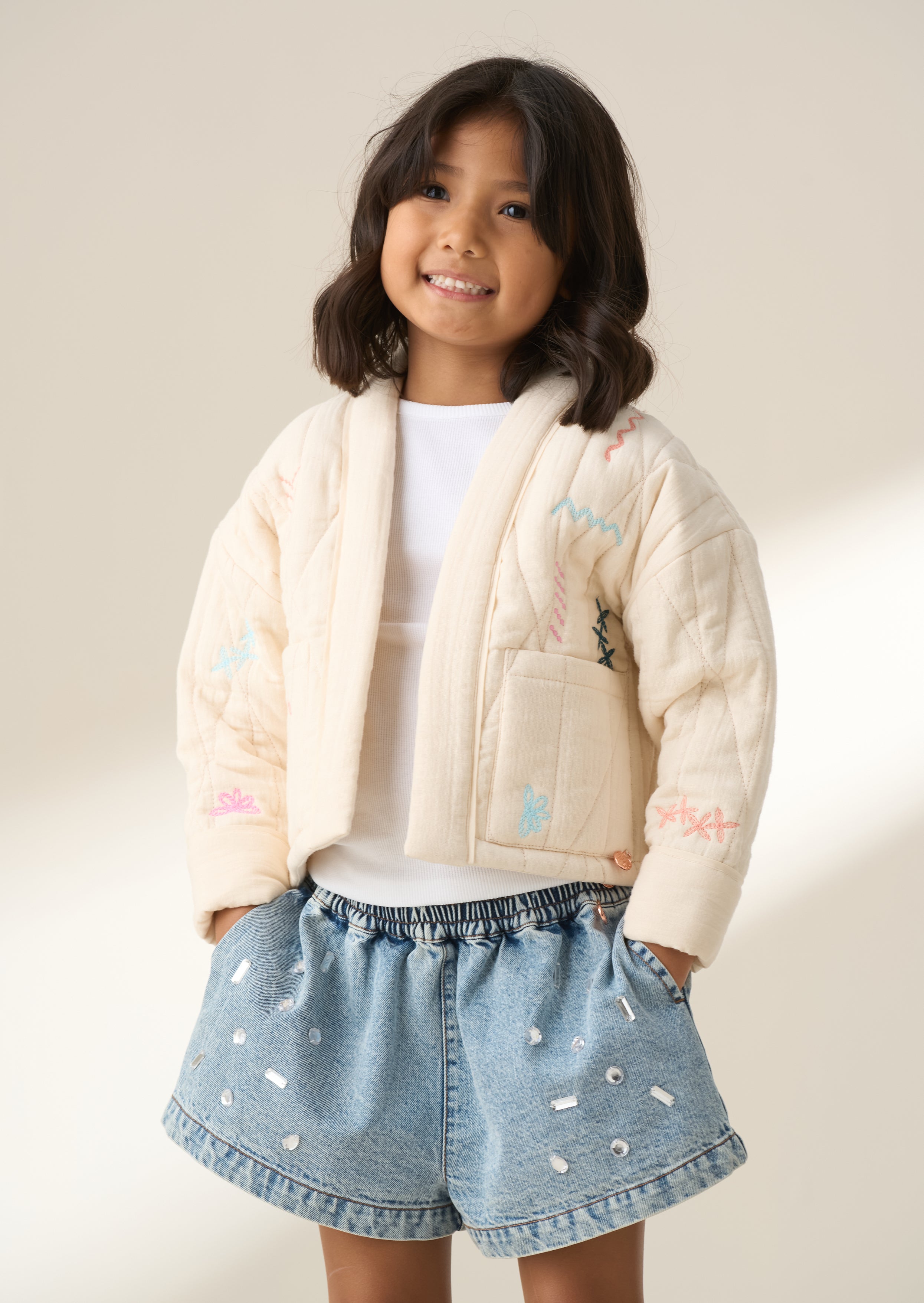 Rylee Ivory Quilted Embroidered Kimono Jacket