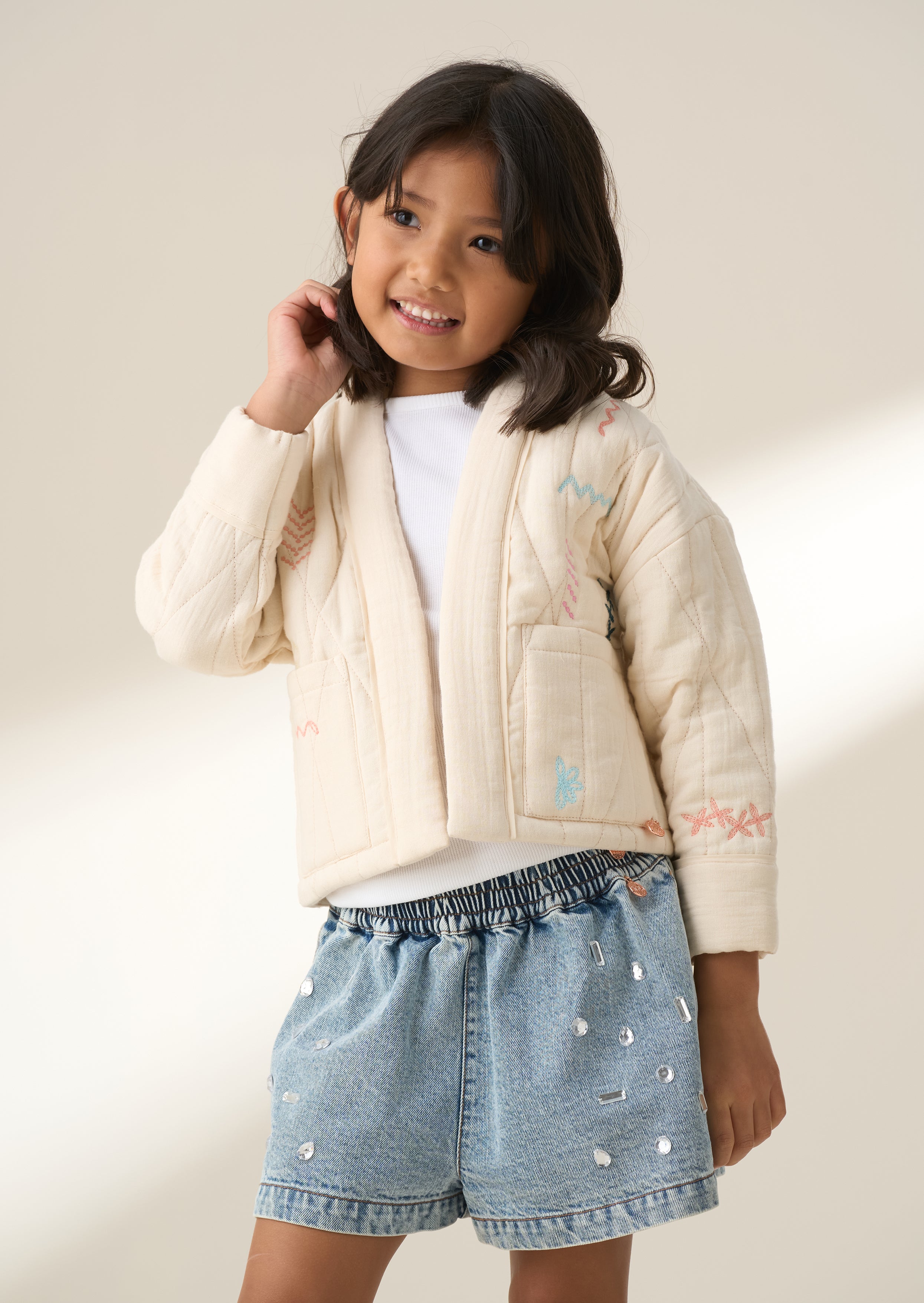 Rylee Ivory Quilted Embroidered Kimono Jacket