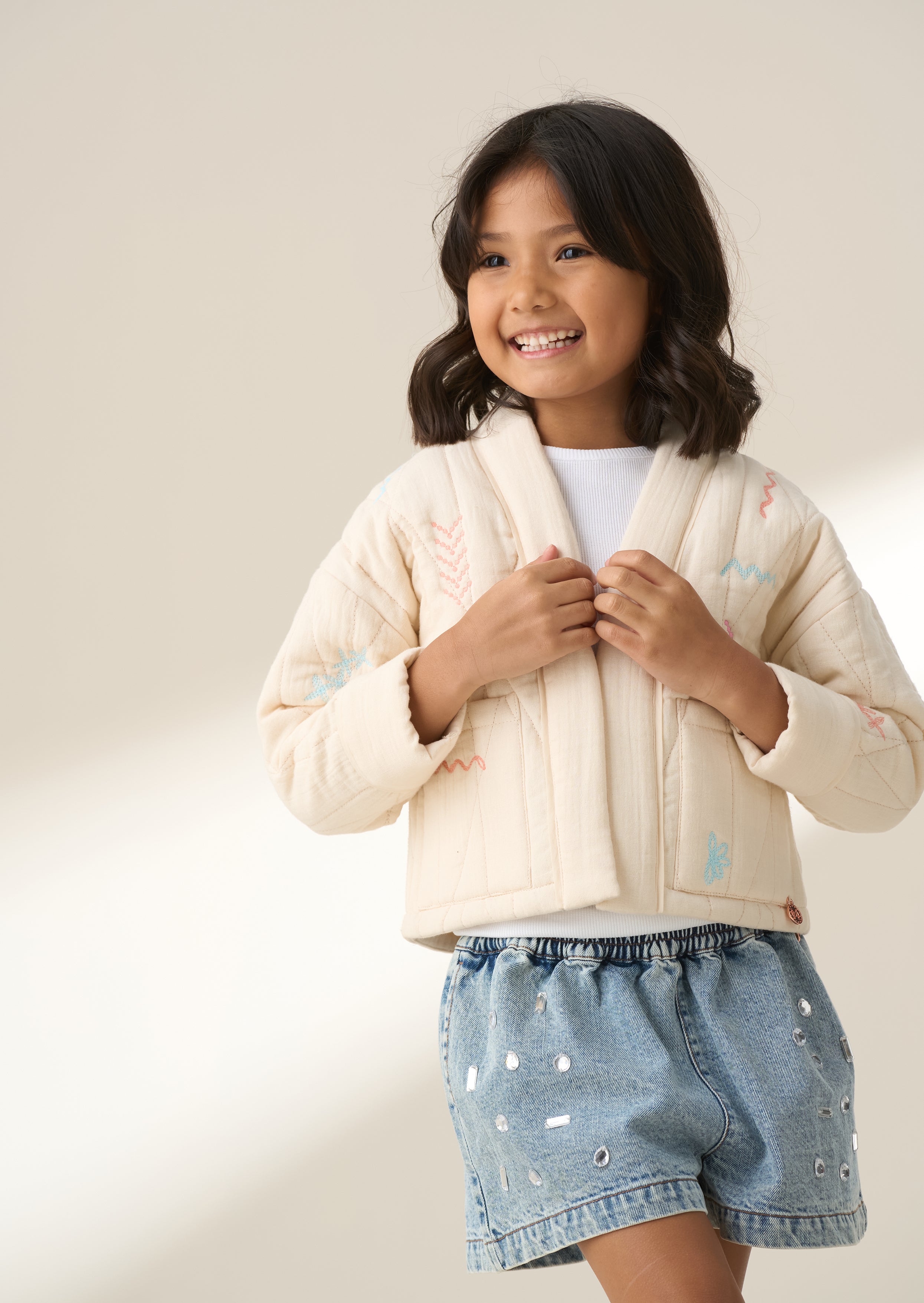 Rylee Ivory Quilted Embroidered Kimono Jacket