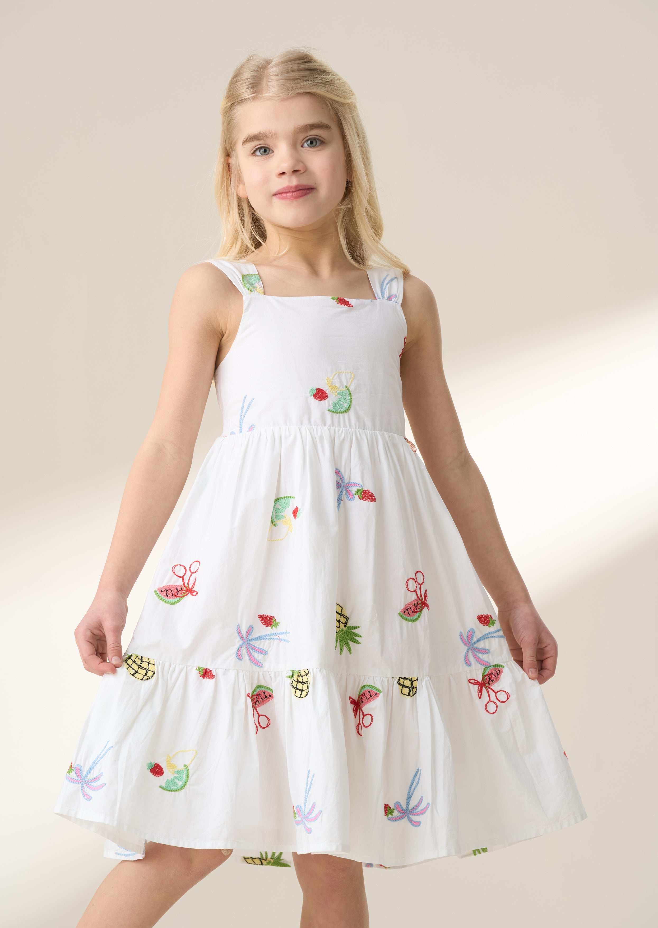 Emmie White Embroidered Fruit Dress