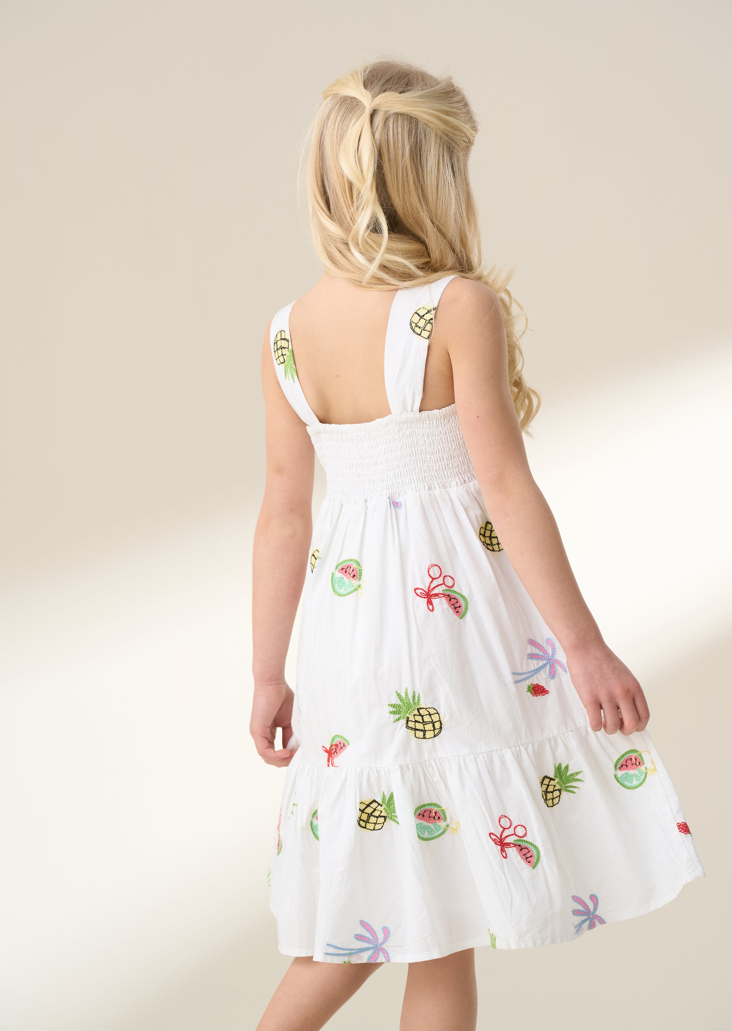 Emmie White Embroidered Fruit Dress